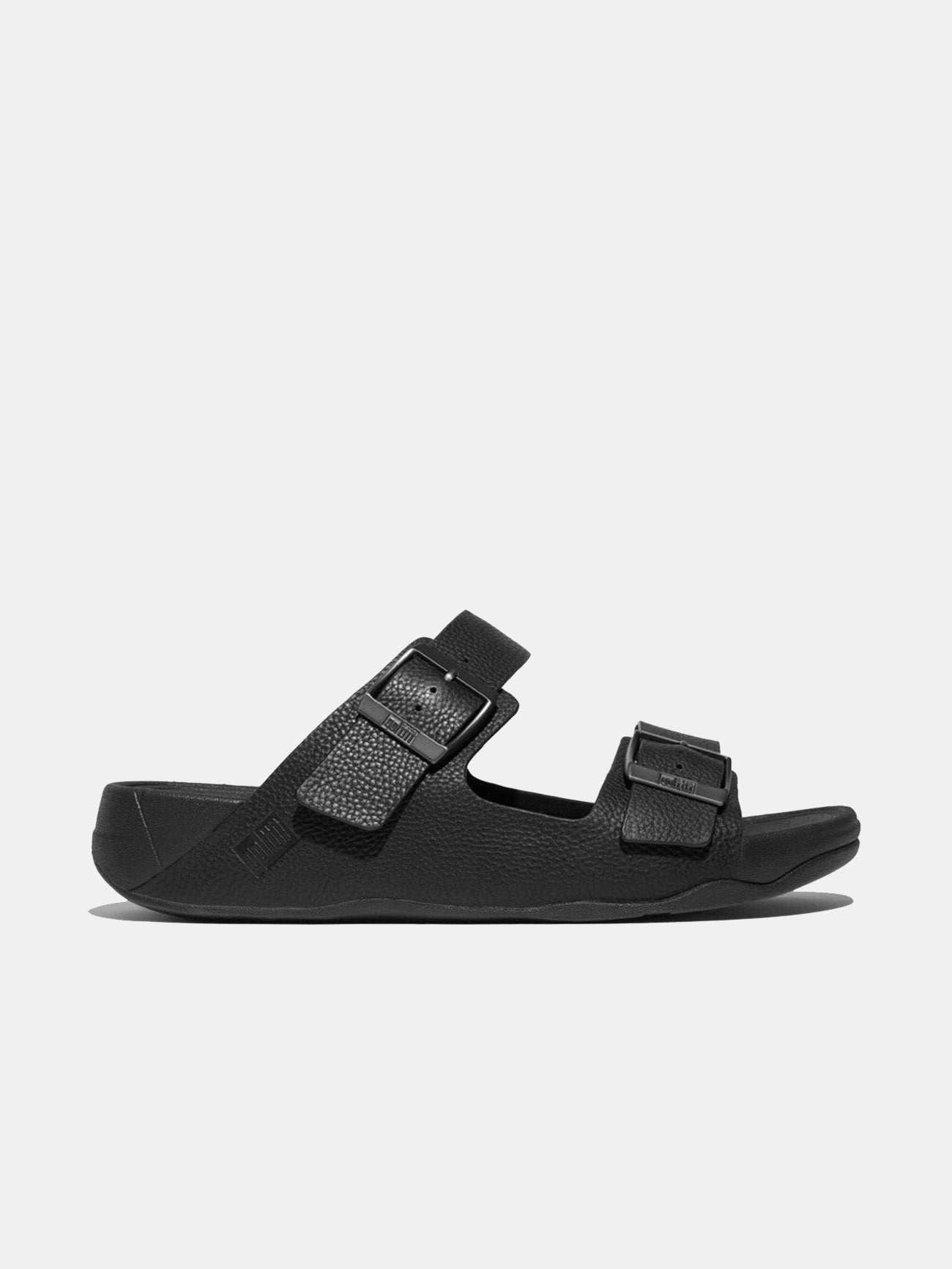 Fitflop Gogh Moc Mens Buckle Tumbled-Leather Slides #color_Black