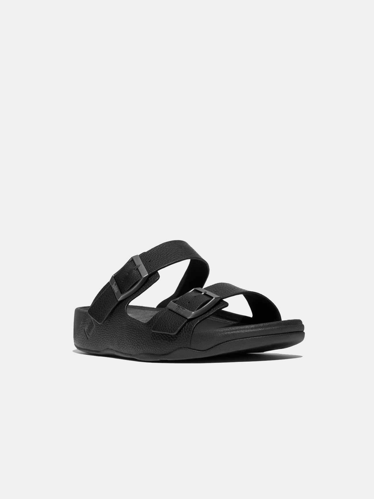 Fitflop Gogh Moc Mens Buckle Tumbled-Leather Slides #color_Black