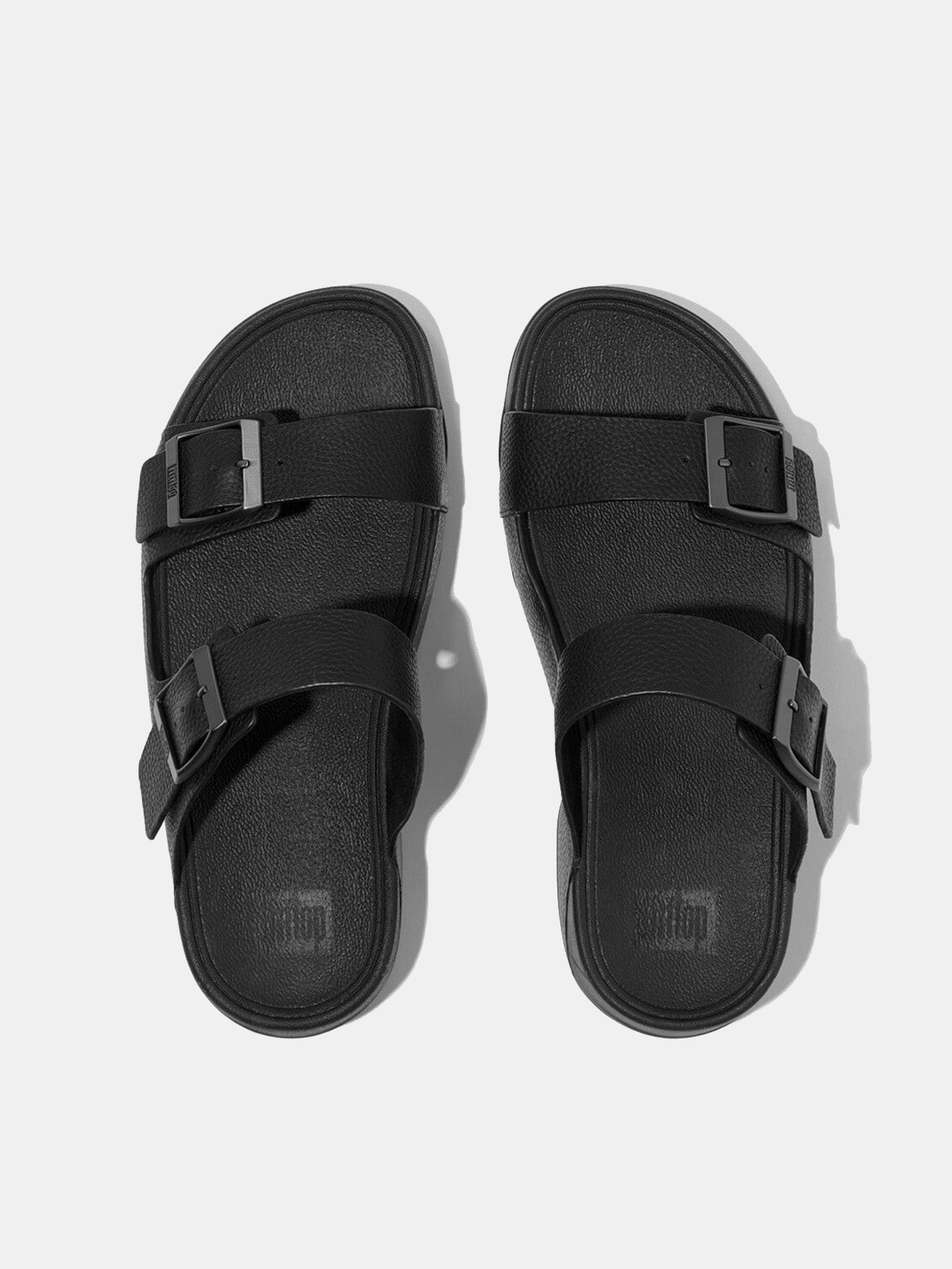 Fitflop Gogh Moc Mens Buckle Tumbled-Leather Slides #color_Black