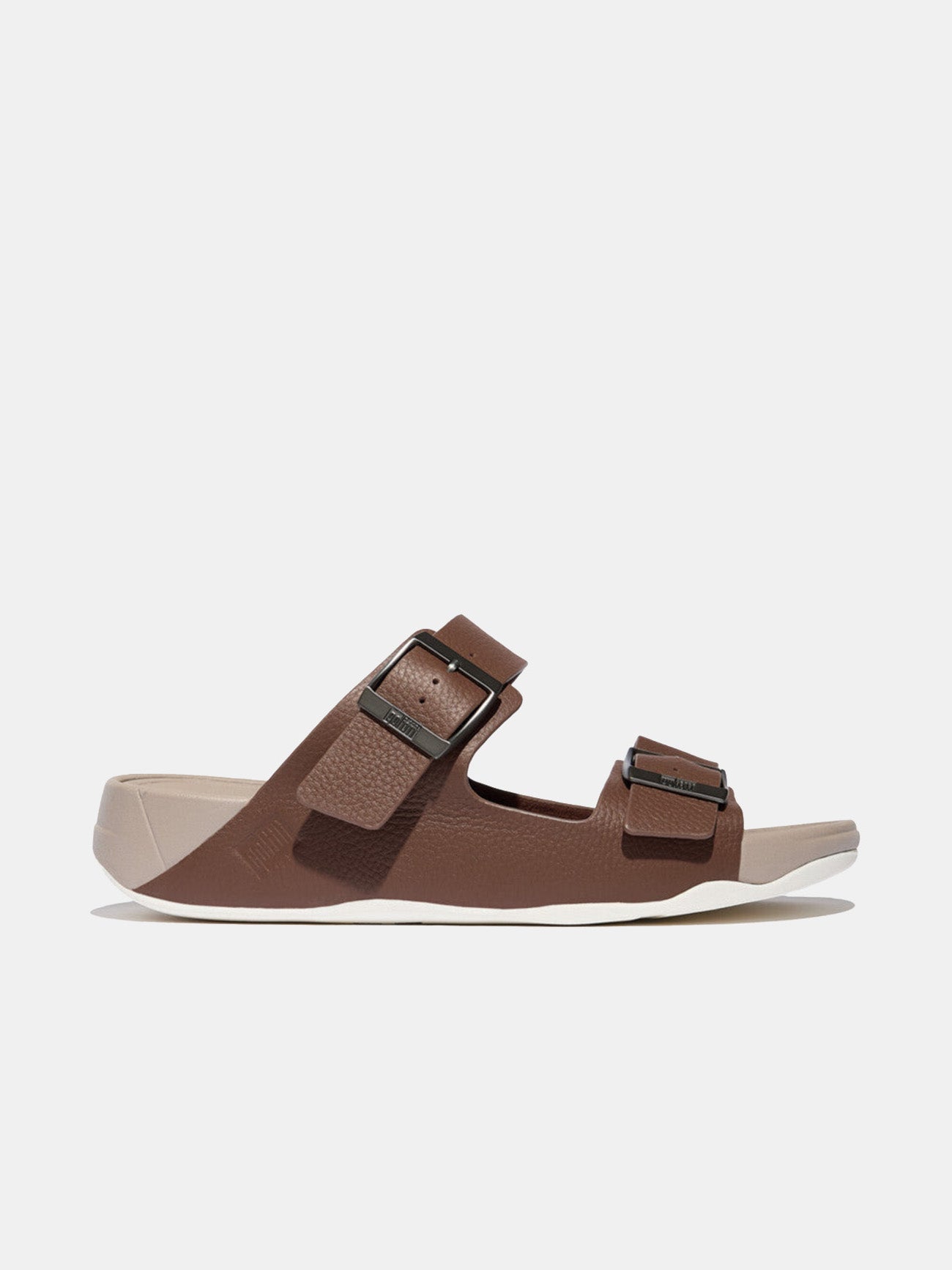 Fitflop Gogh Moc Mens Buckle Tumbled-Leather Slides #color_Mocha Brown