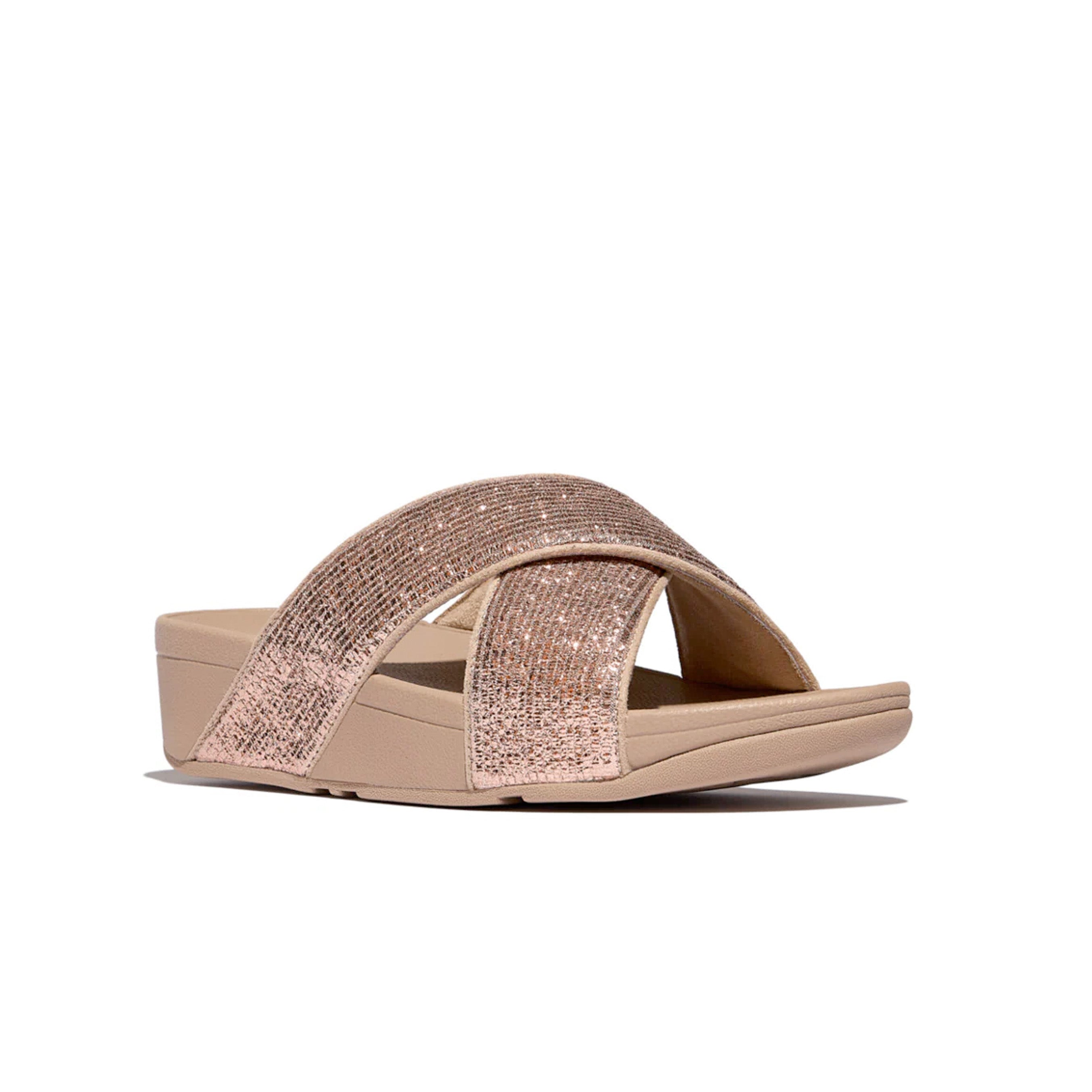Fitflop Lulu Crinkled-Shimmer Cross Slides #color_Beige