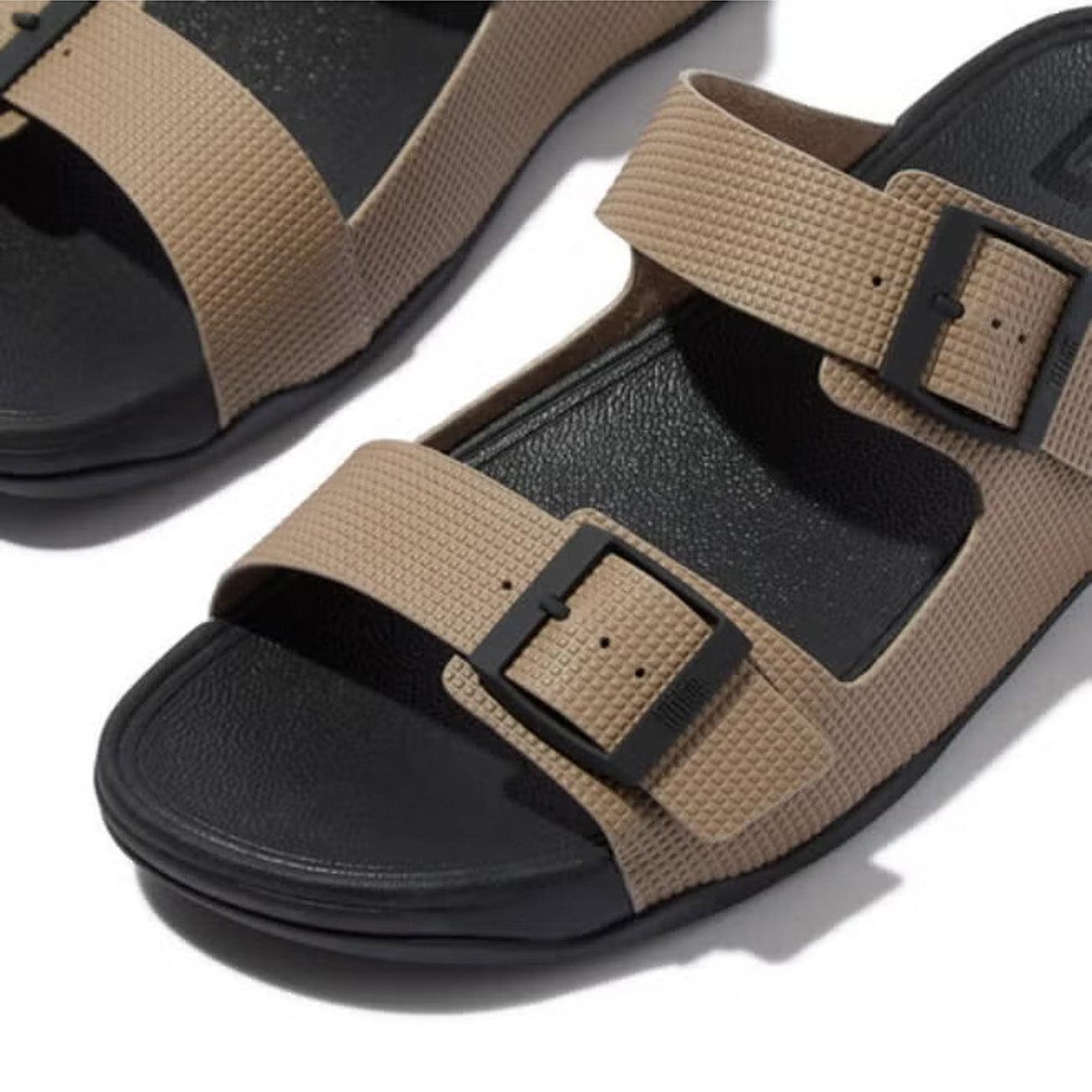 Fitflop Gogh Moc Mens Buckle Embossed-Leather Slides #color_Taupe