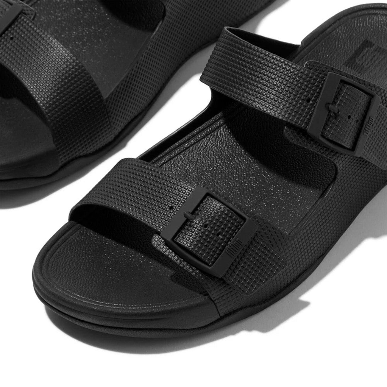 Fitflop Gogh Moc Mens Buckle Embossed-Leather Slides #color_Black