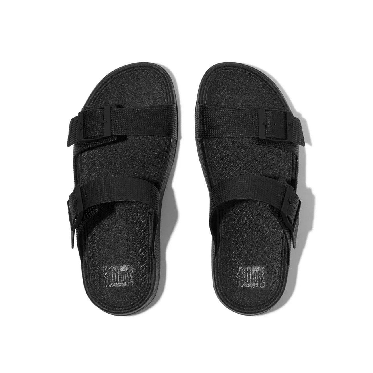 Fitflop Gogh Moc Mens Buckle Embossed-Leather Slides #color_Black