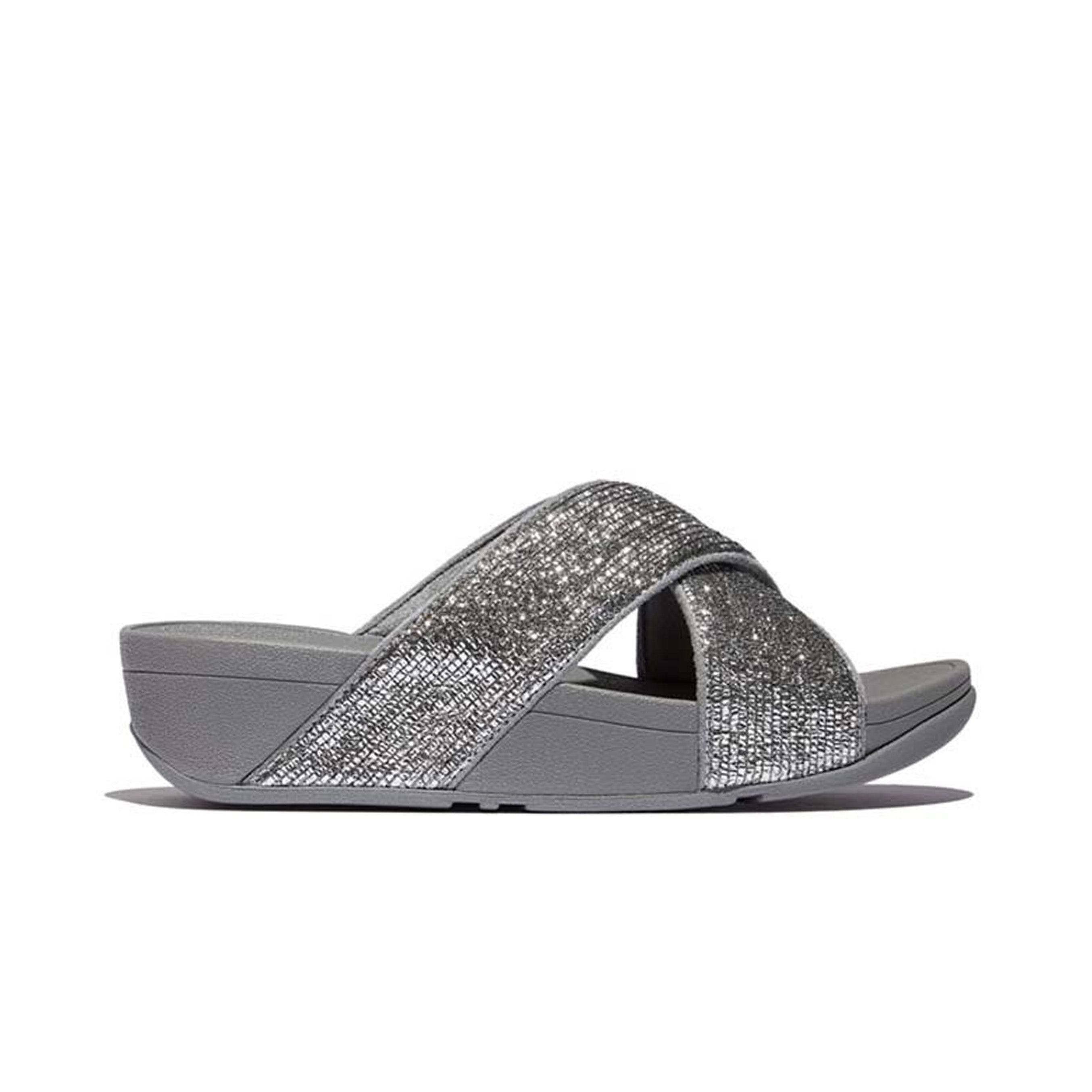 Fitflop Lulu Crinkled-Shimmer Cross Slides #color_Silver