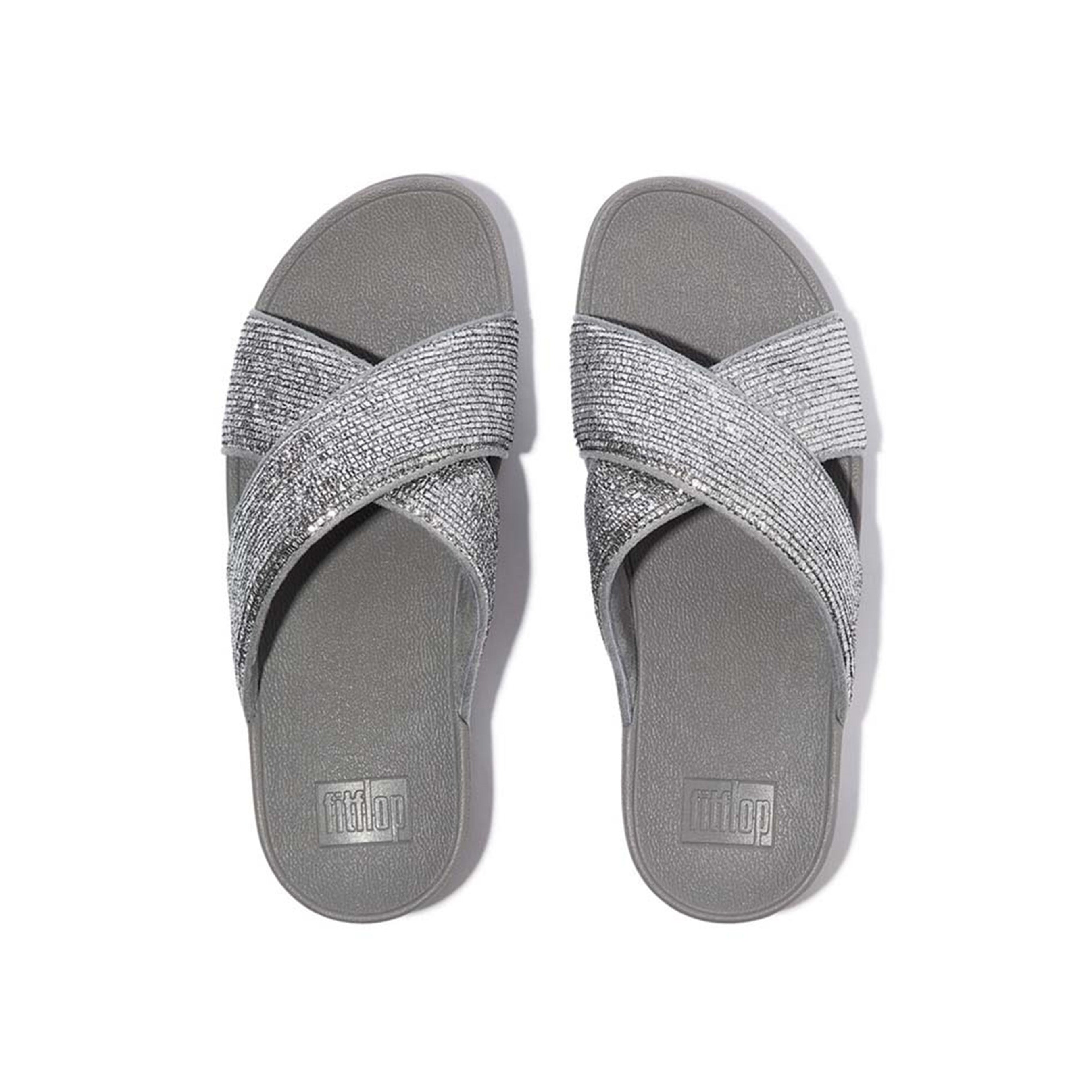 Fitflop Lulu Crinkled-Shimmer Cross Slides #color_Silver