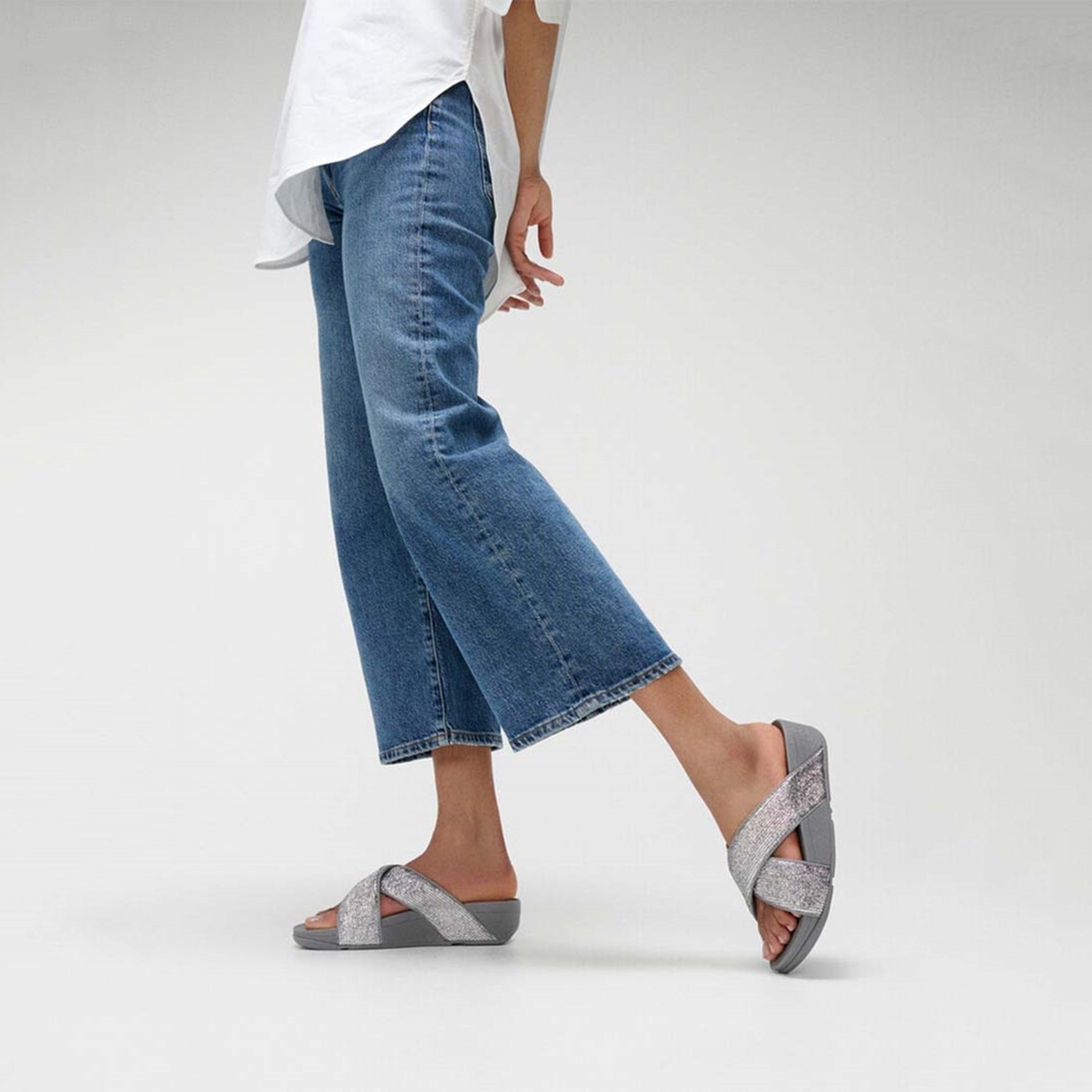 Fitflop Lulu Crinkled-Shimmer Cross Slides #color_Silver