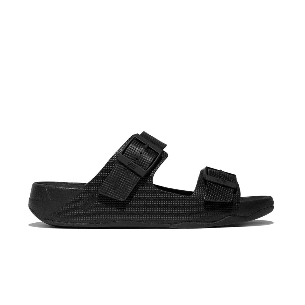 Fitflop Gogh Moc Mens Buckle Embossed-Leather Slides #color_Black