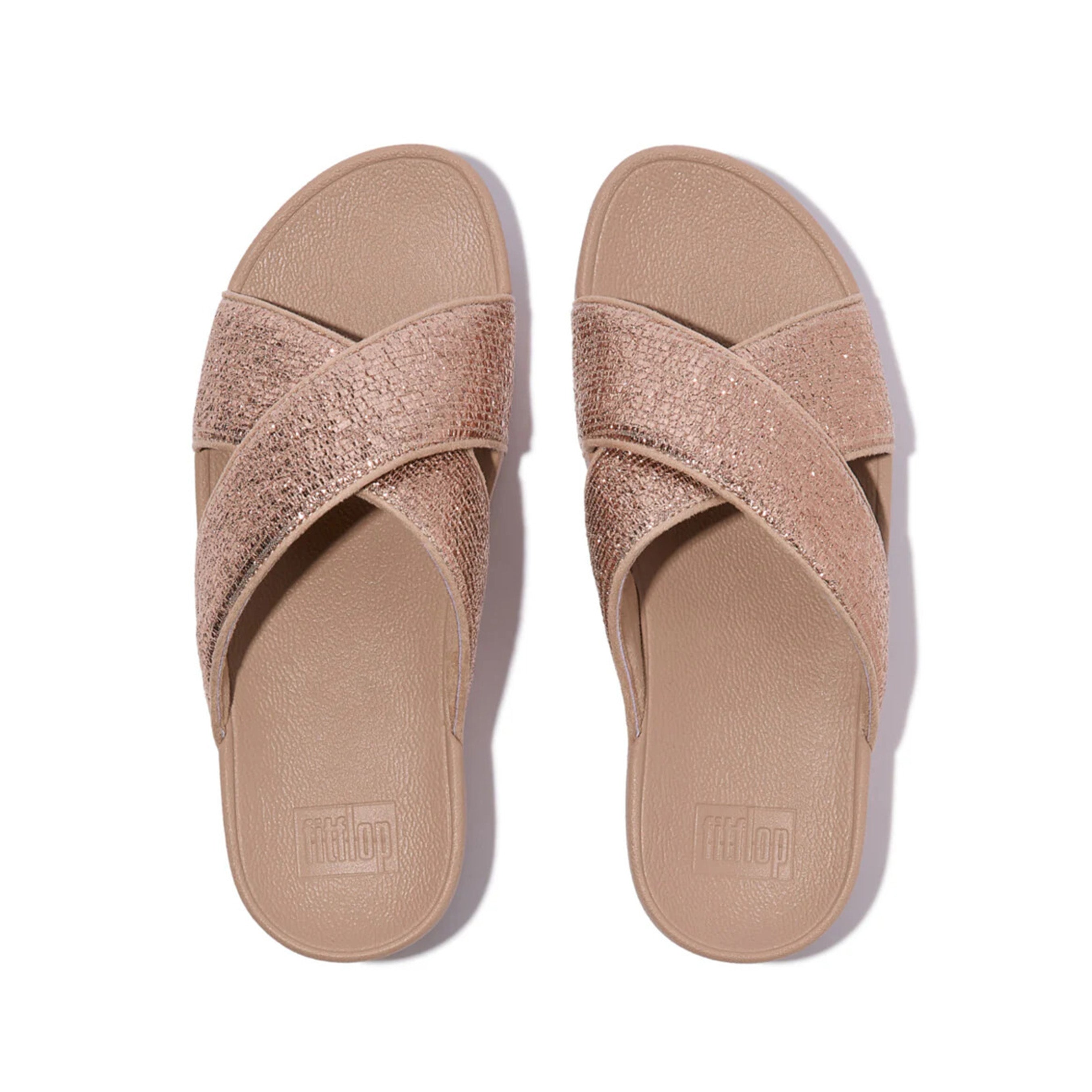 Fitflop Lulu Crinkled-Shimmer Cross Slides #color_Beige