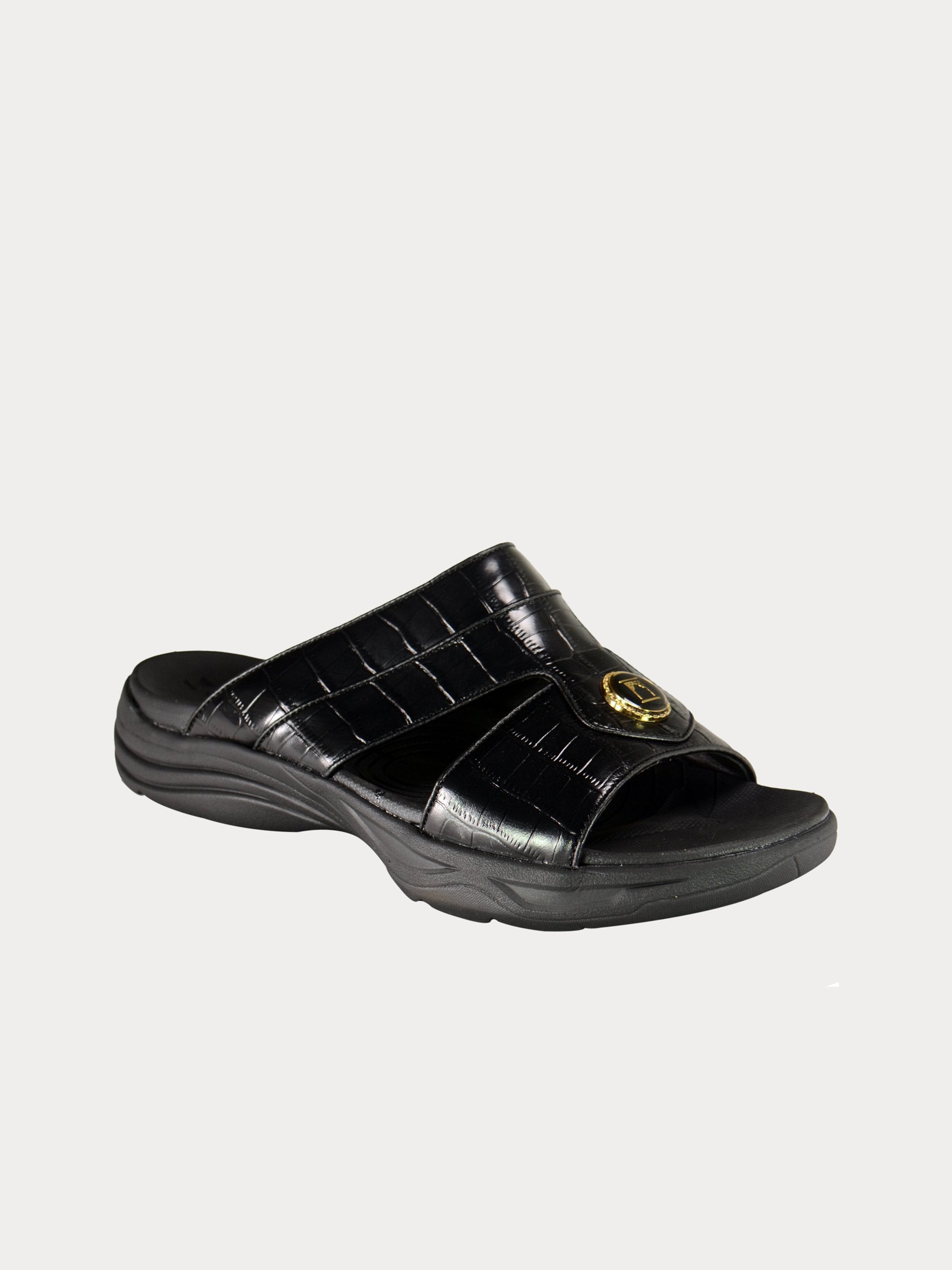 Barjeel Uno D197123 Croco Round Buckle Arabic Sandals #color_Black