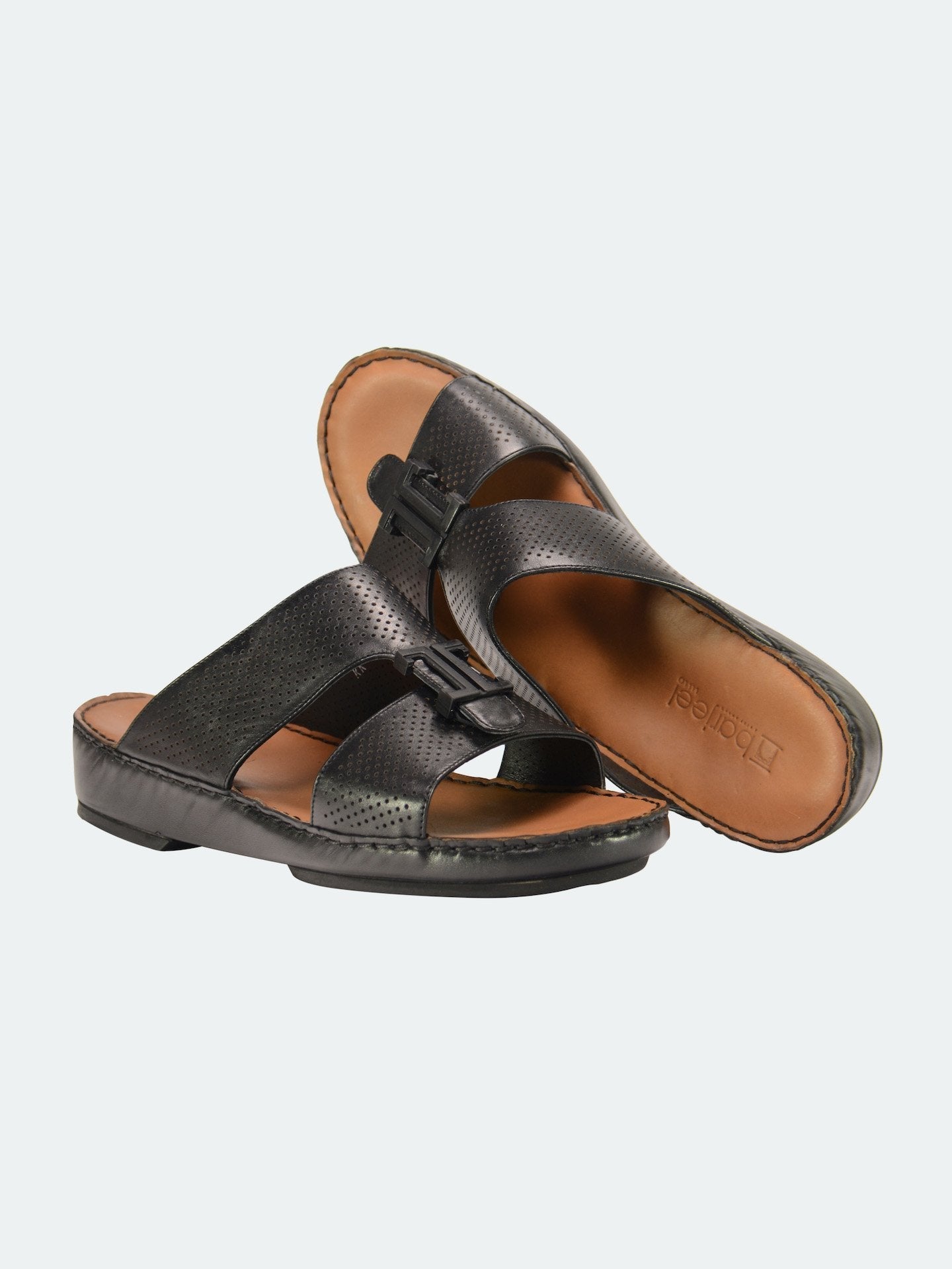 Barjeel Uno 004111 Perforated Strap Arabic Leather Sandals #color_Black