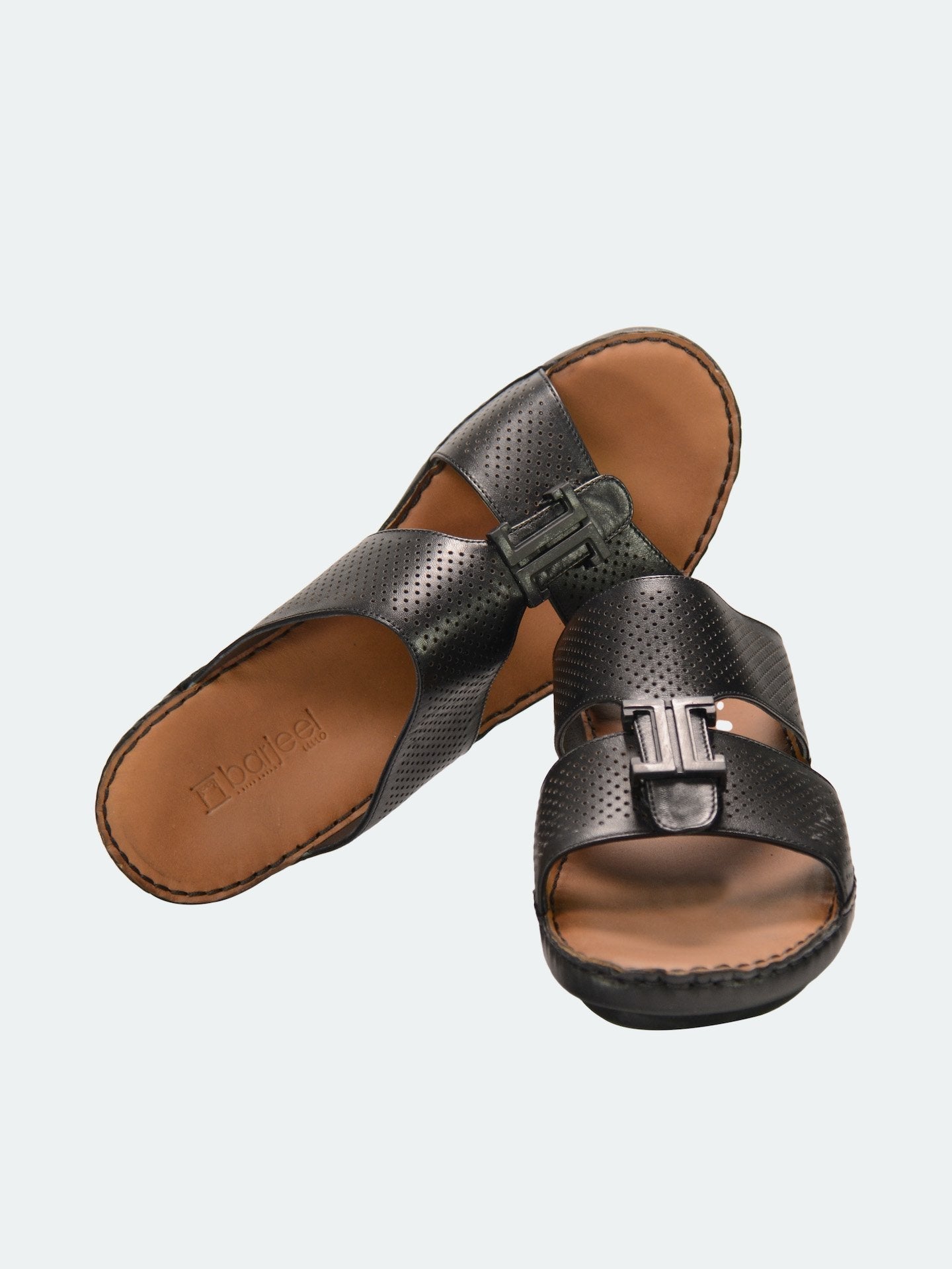Barjeel Uno 004111 Perforated Strap Arabic Leather Sandals #color_Black