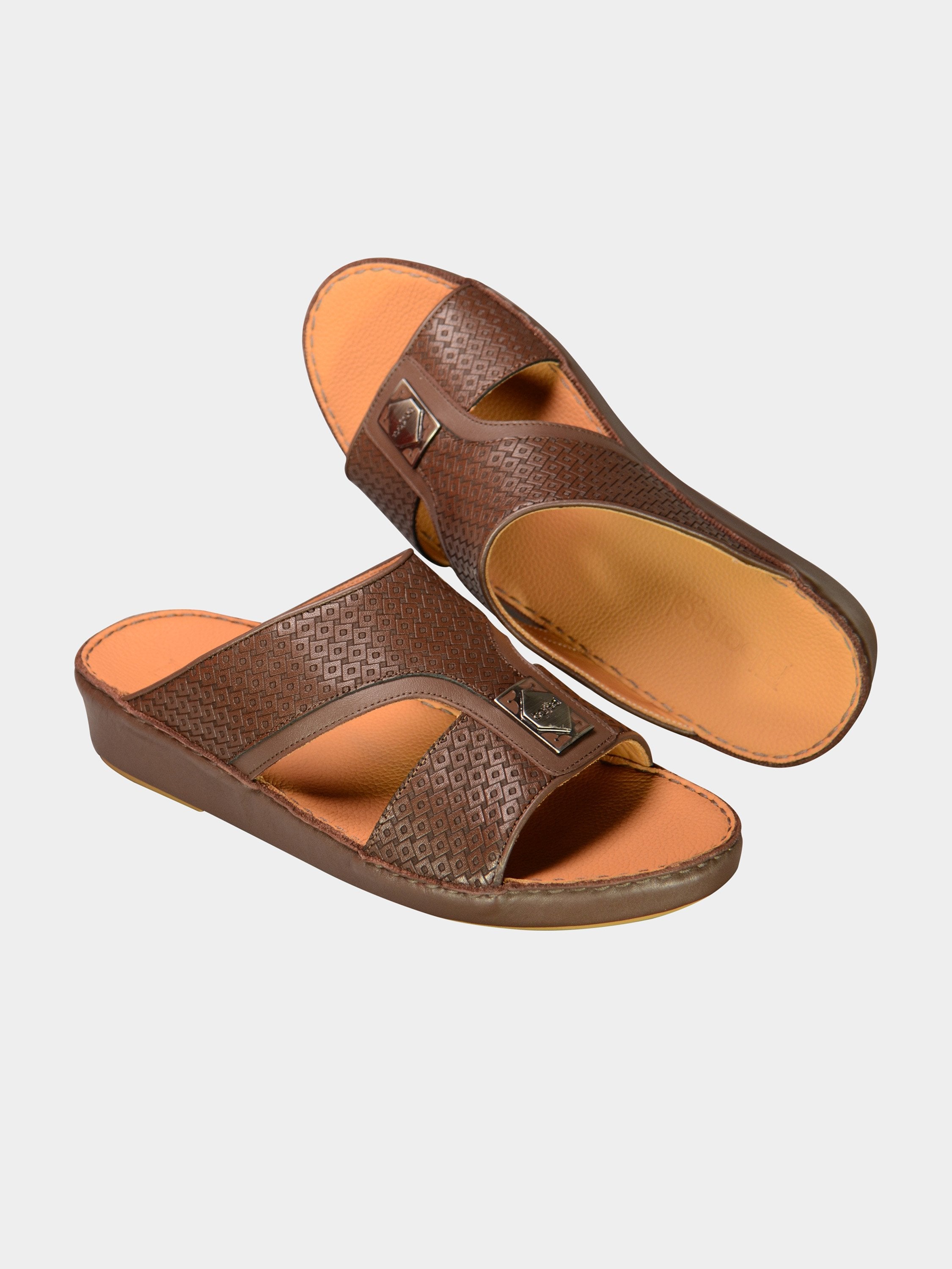 Barjeel Uno 001928 Square Textured Arabic Leather Sandals #color_Brown