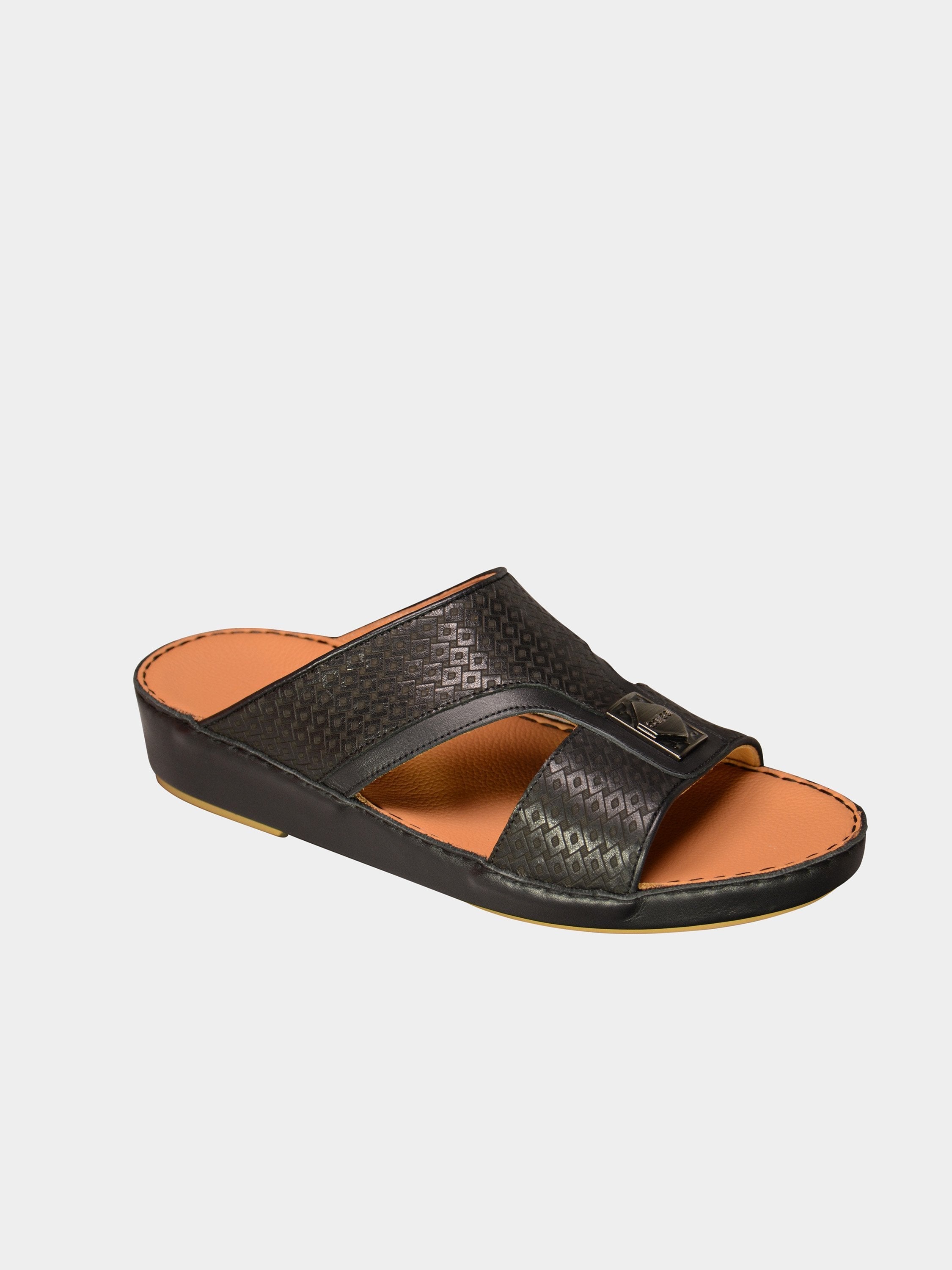 Barjeel Uno 001928 Square Textured Arabic Leather Sandals #color_Black