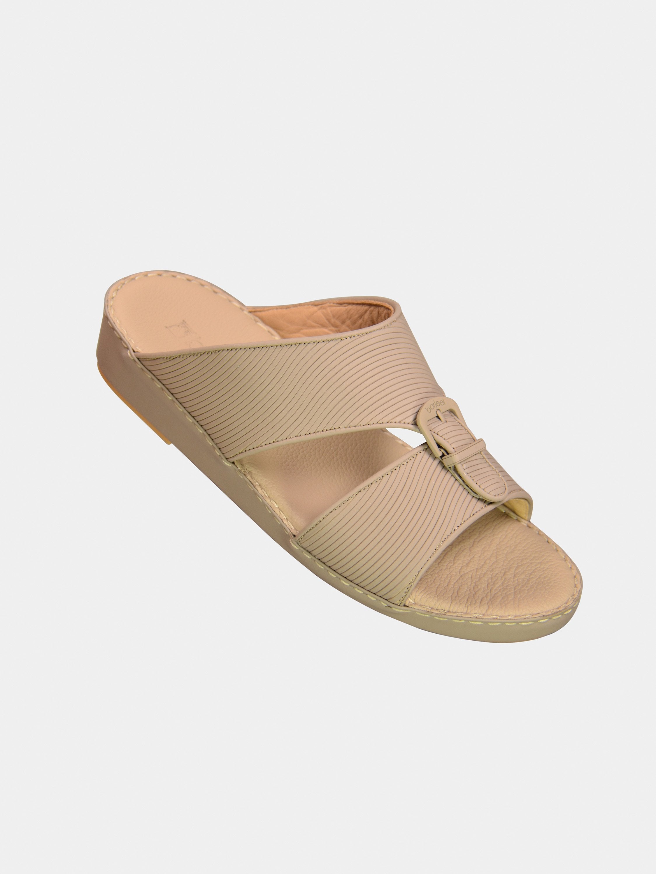Barjeel Uno 001942 Textured Buckle Arabic Leather Sandals #color_Beige