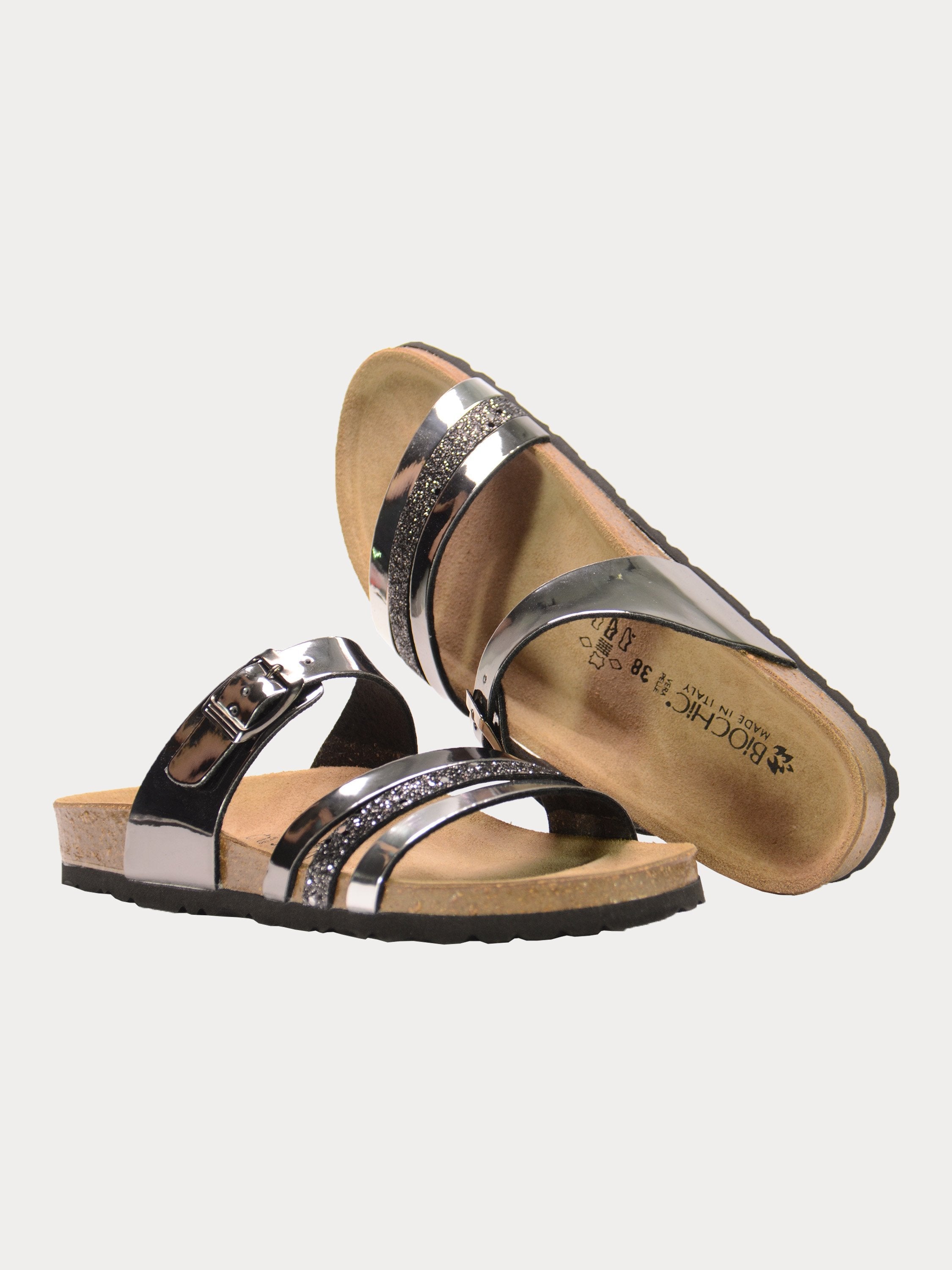 Biochic Women Multi Strap Patent Finish Sandals #color_Gray