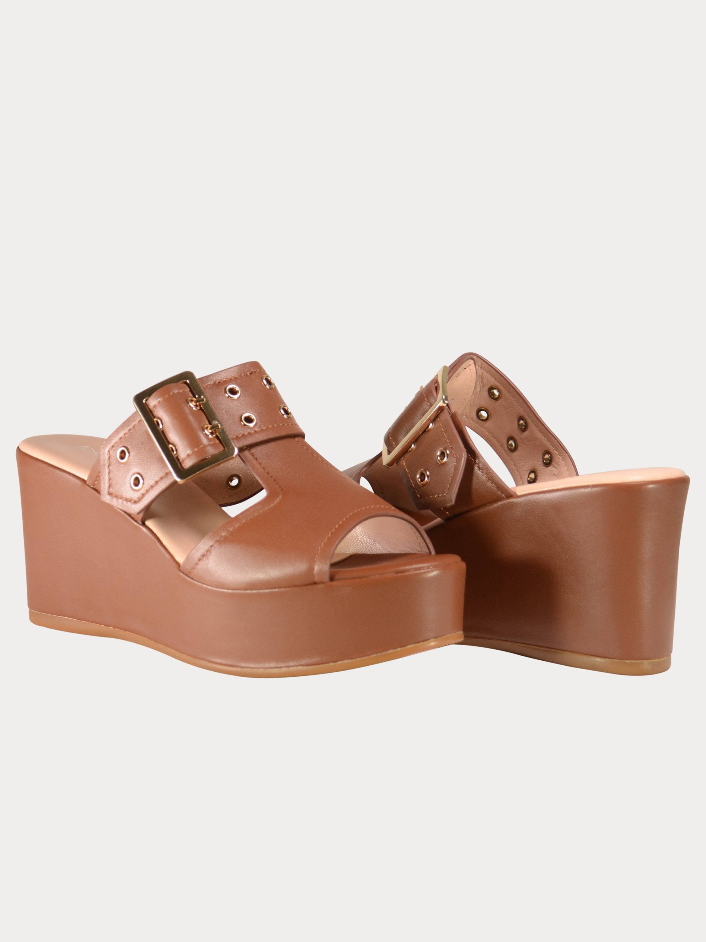 Josef Seibel Buckle Strap Leather Wedges #color_Brown