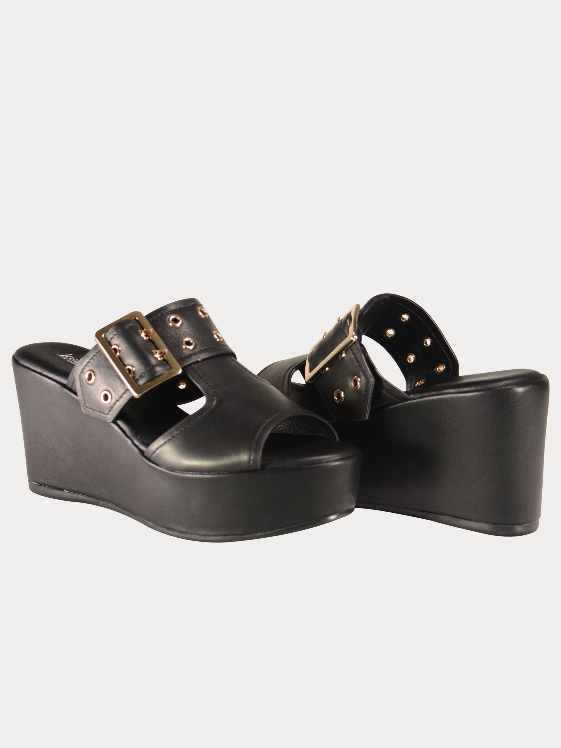 Josef Seibel Buckle Strap Leather Wedges #color_Black