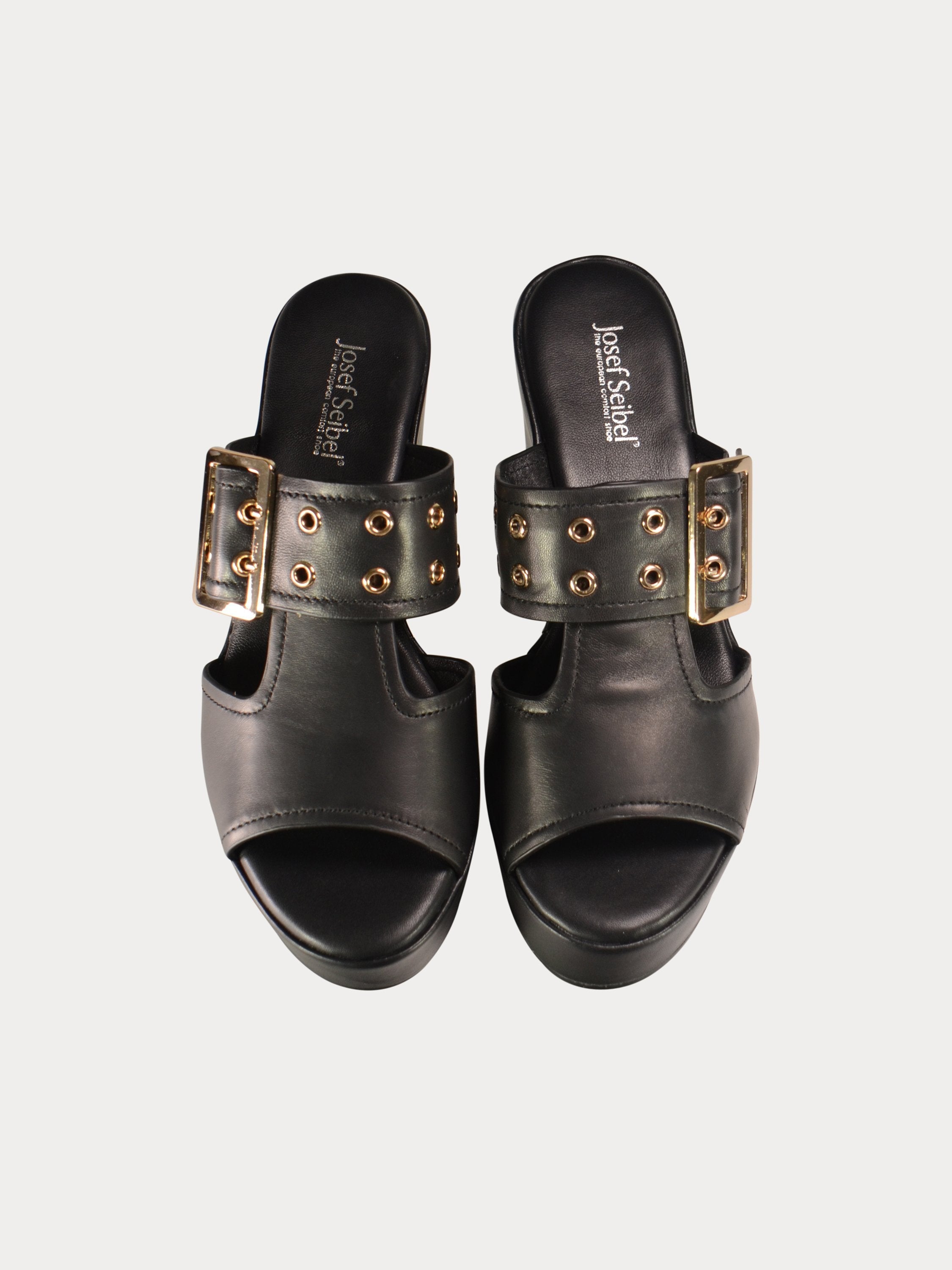 Josef Seibel Buckle Strap Leather Wedges #color_Black