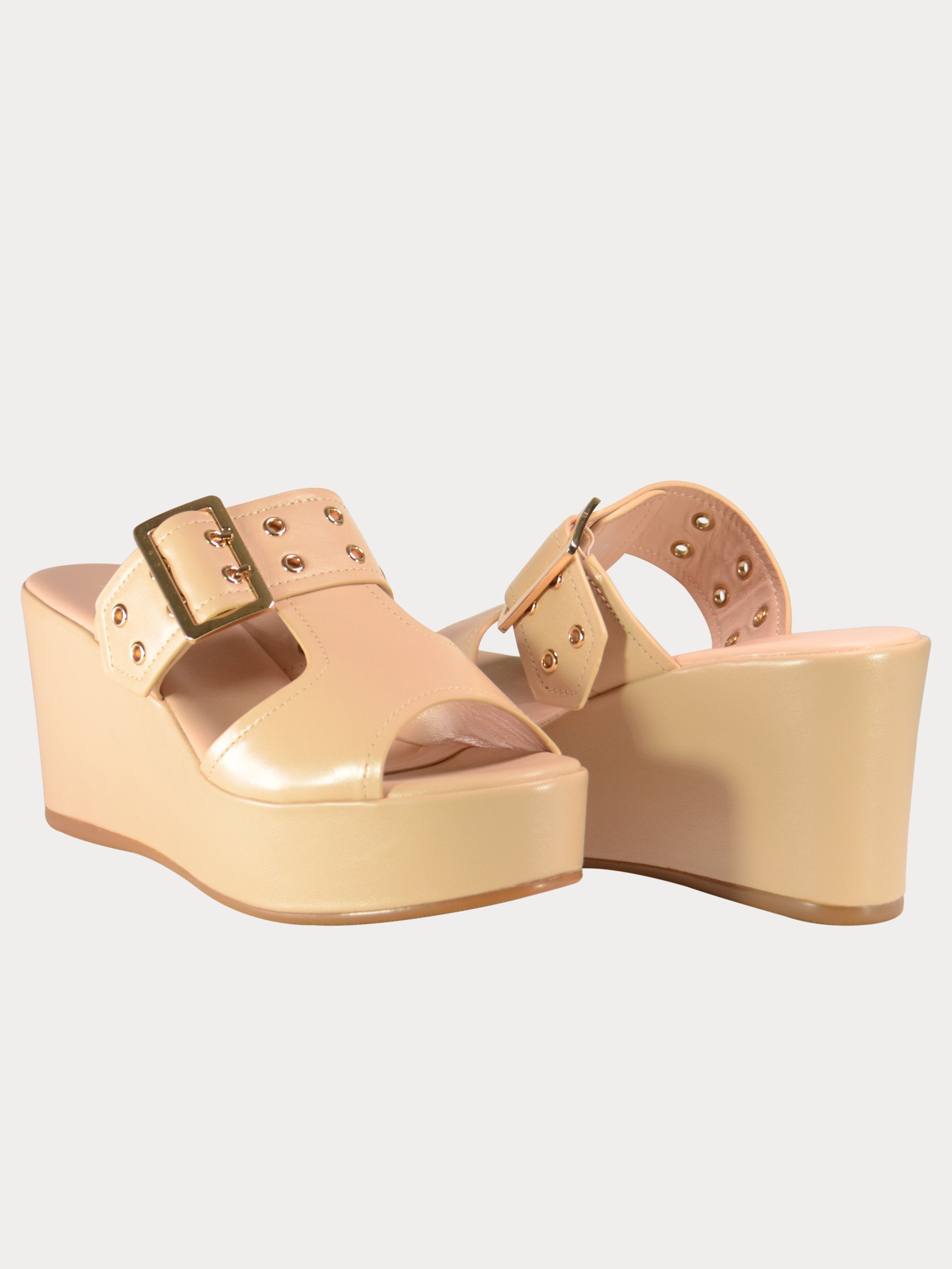 Josef Seibel Buckle Strap Leather Wedges #color_Beige