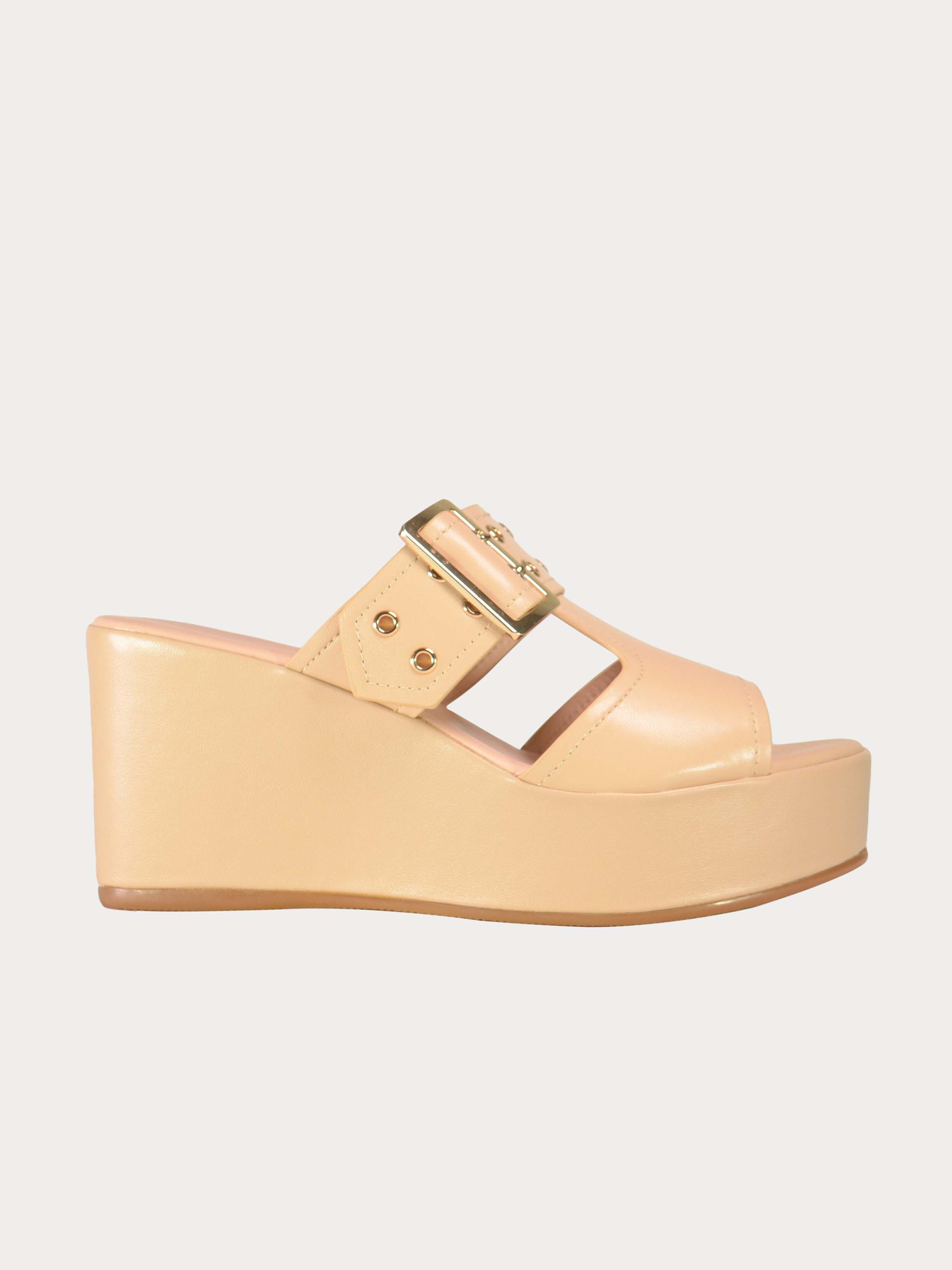 Josef Seibel Buckle Strap Leather Wedges #color_Beige