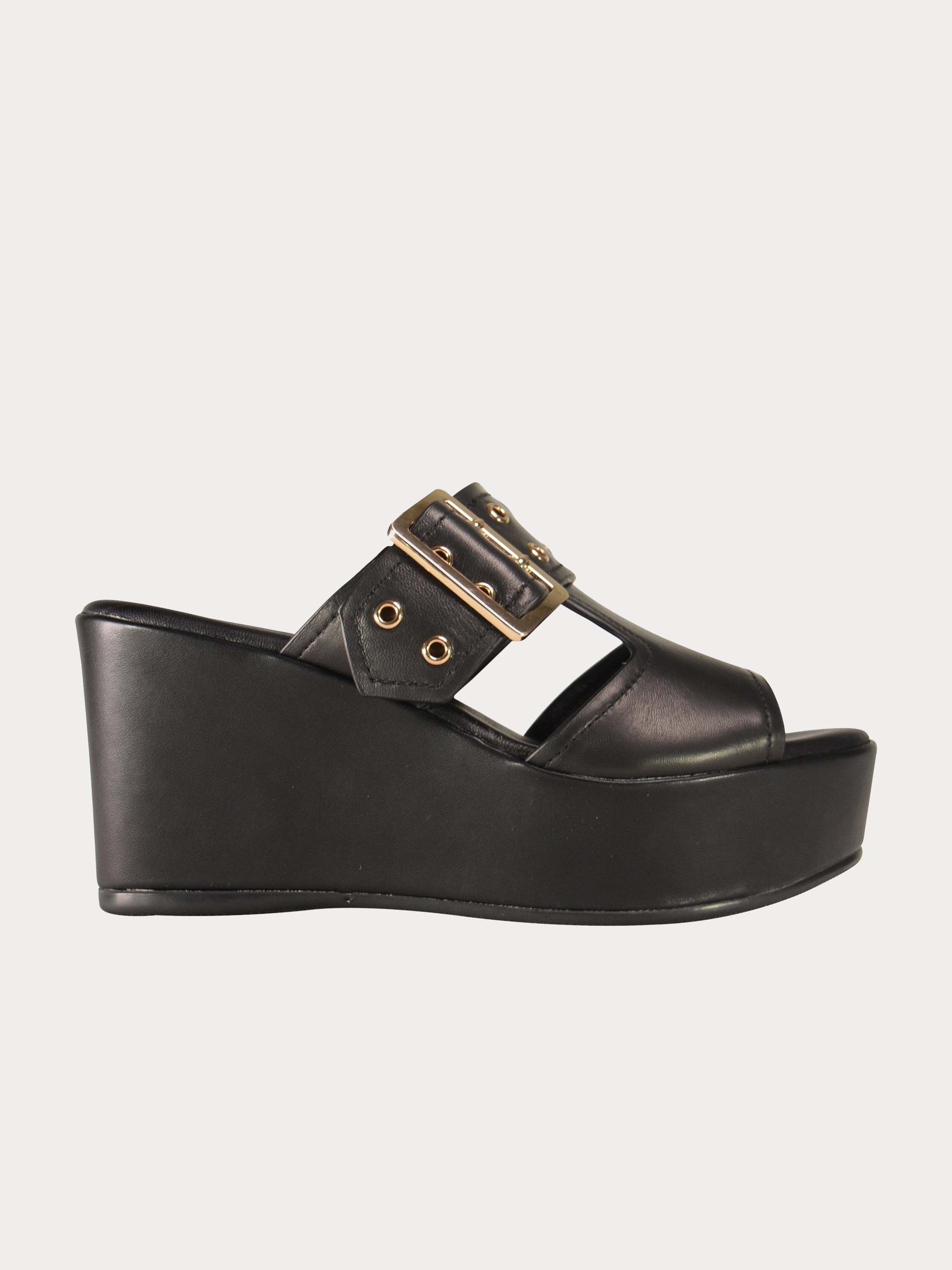 Josef Seibel Buckle Strap Leather Wedges #color_Black