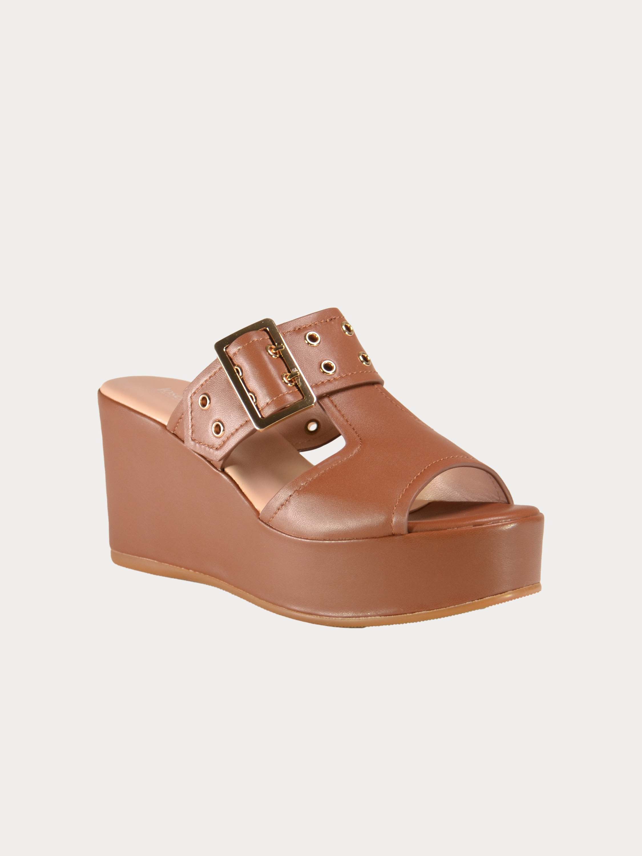 Josef Seibel Buckle Strap Leather Wedges #color_Brown