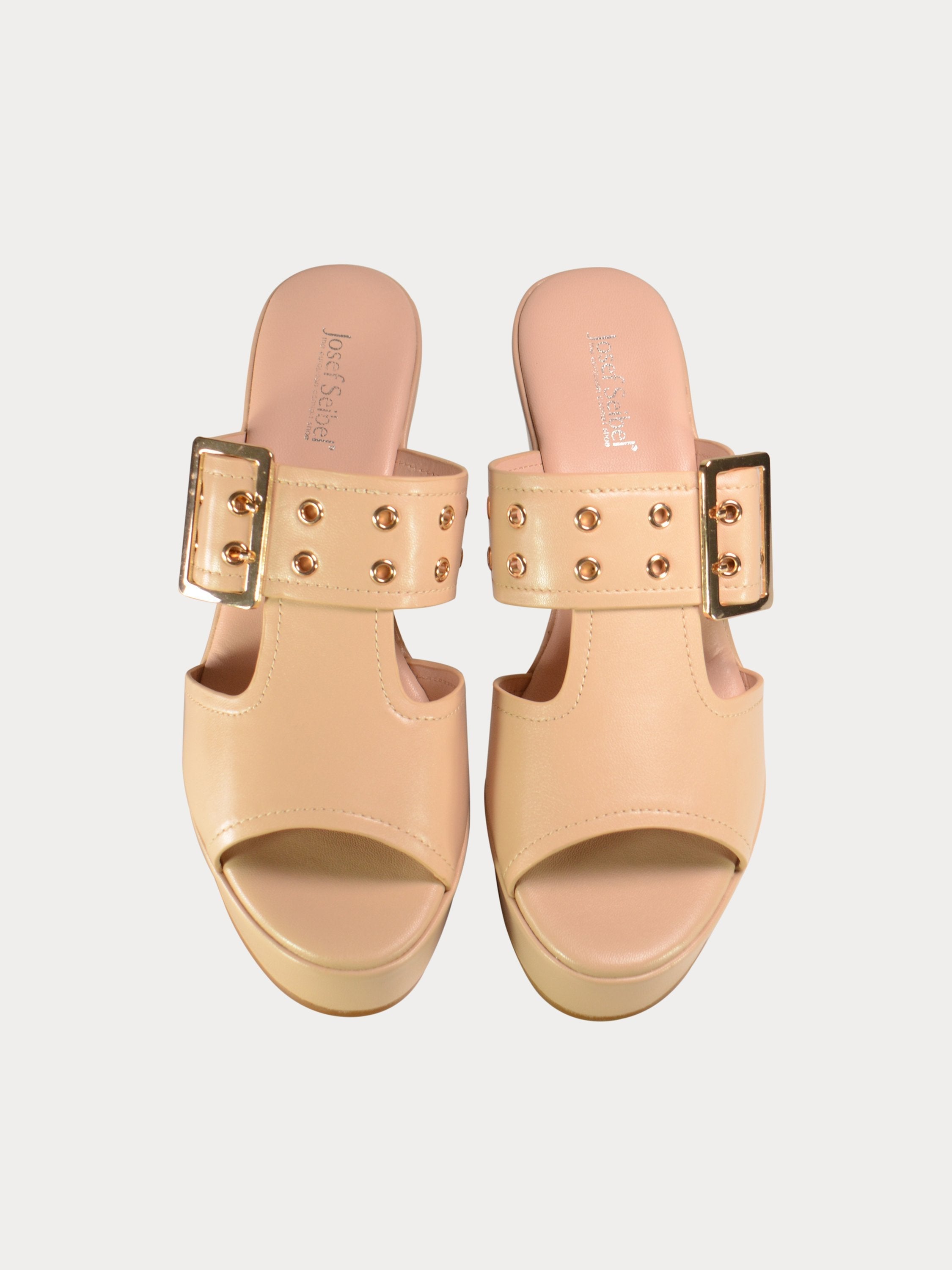 Josef Seibel Buckle Strap Leather Wedges #color_Beige