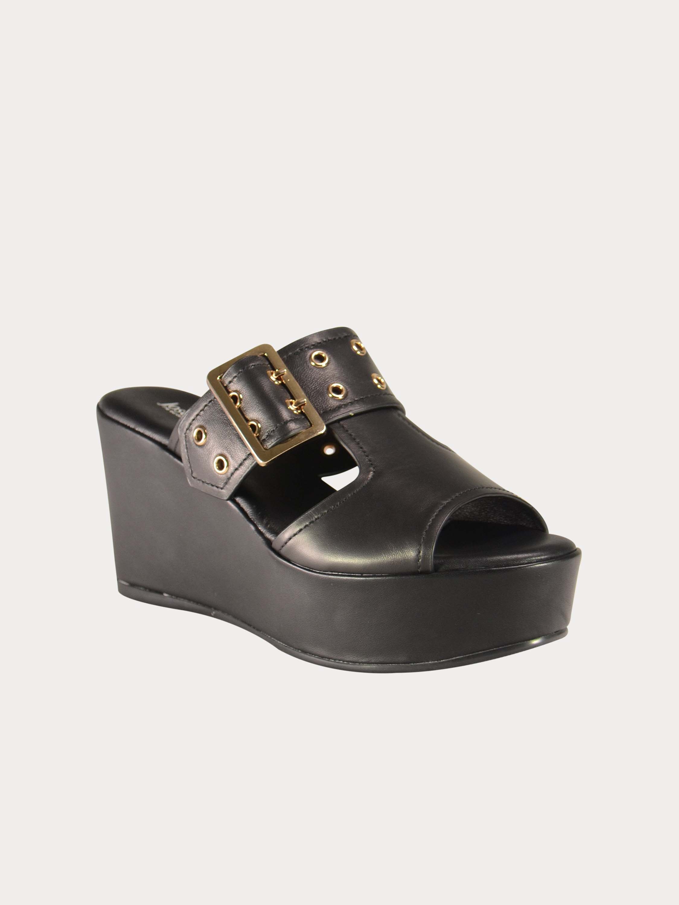 Josef Seibel Buckle Strap Leather Wedges #color_Black