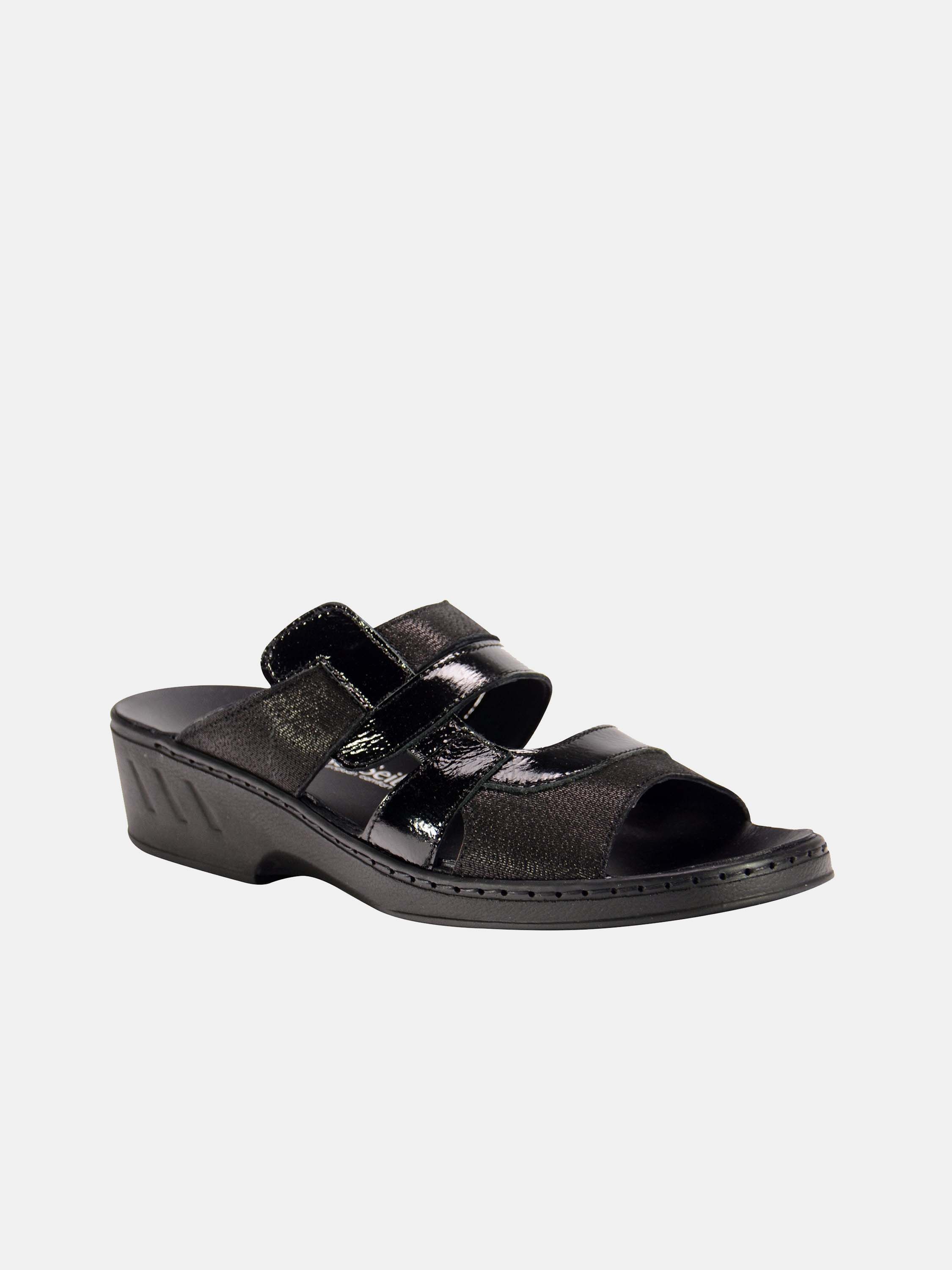 Josef Seibel Women Patent Strap Slider Leather Sandals #color_Black