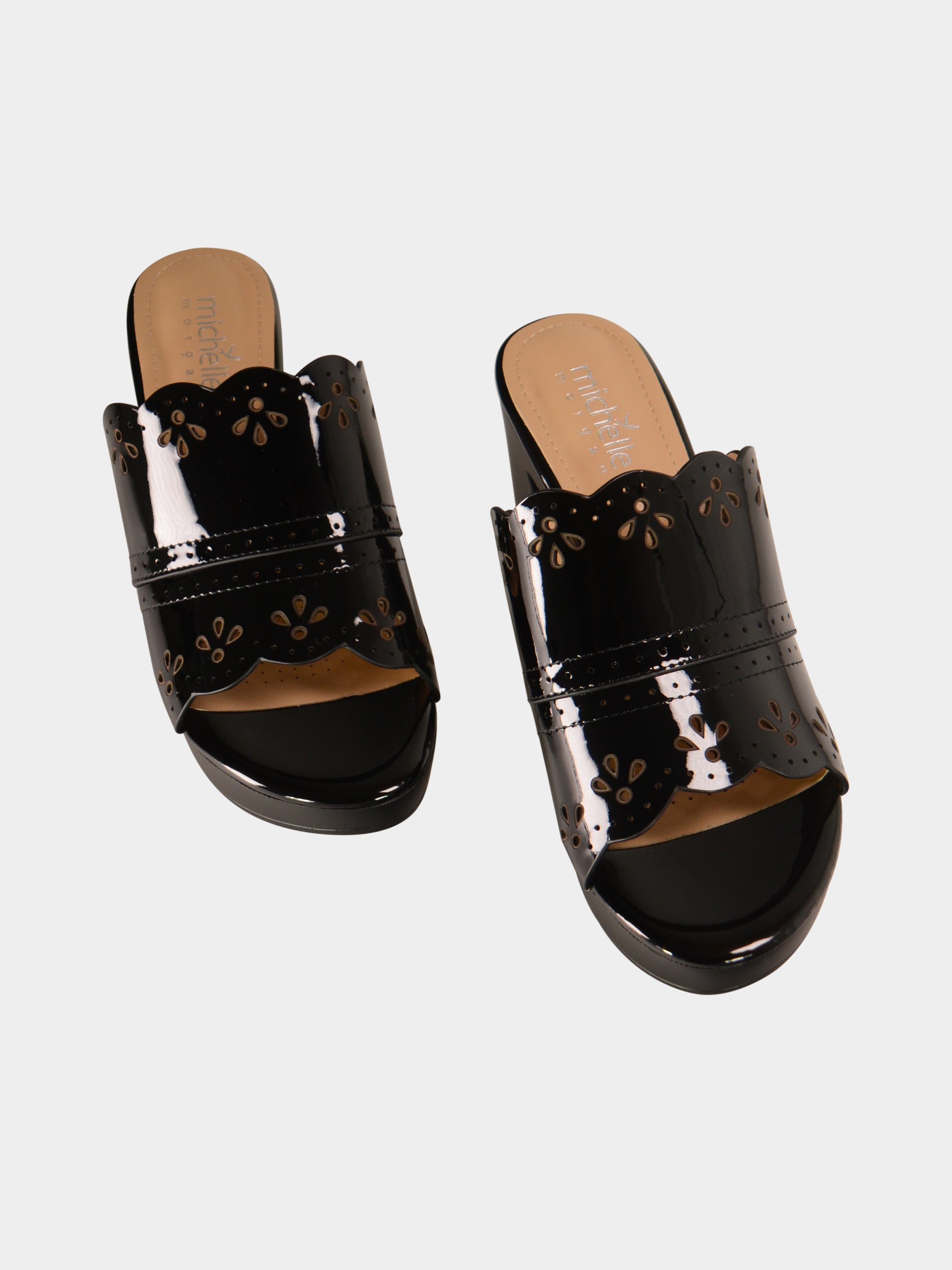 Michelle Morgan 078-5 Floral Border Cut Heel Sandals #color_Black