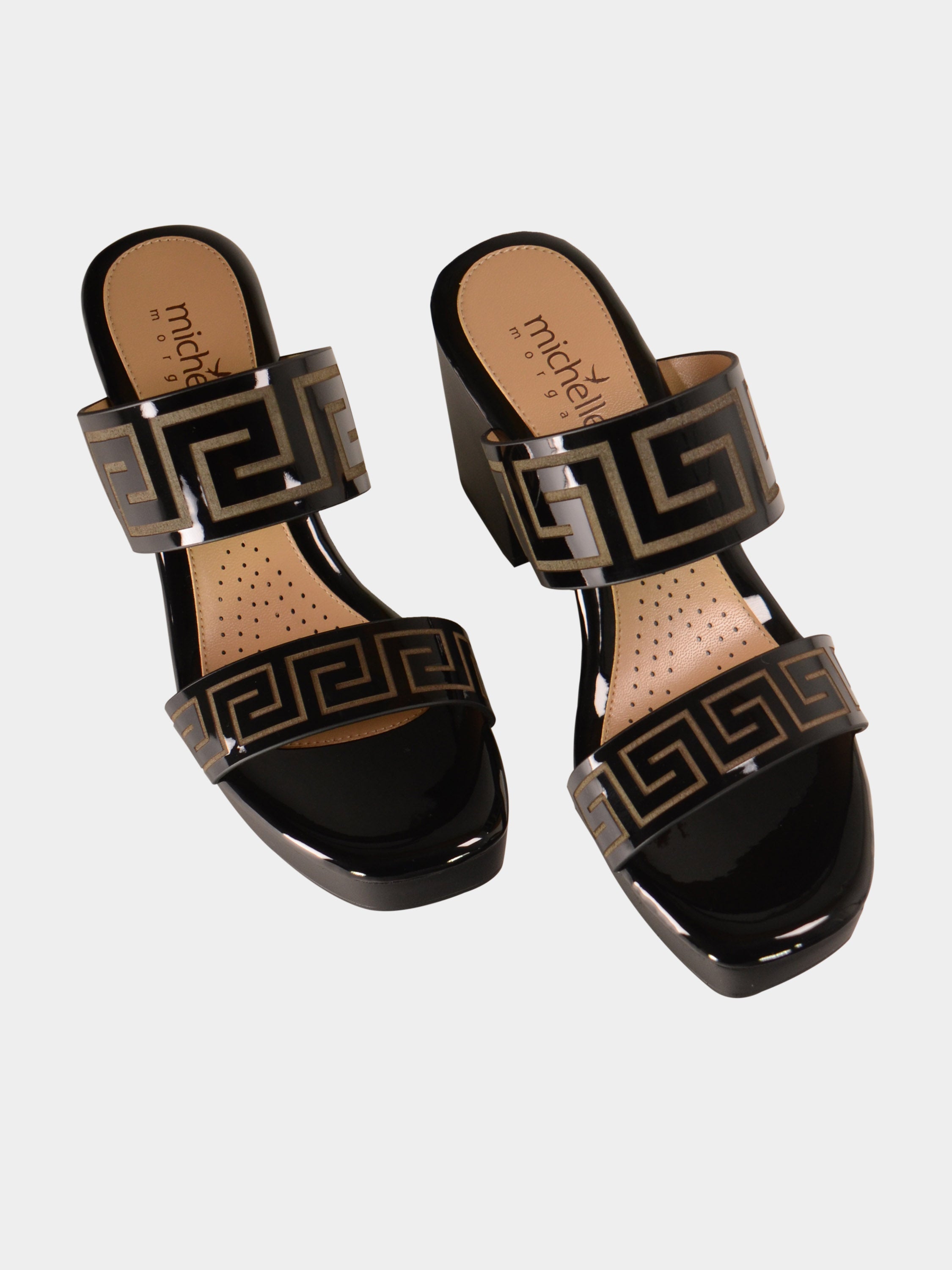 Michelle Morgan 780-1 Greek Key Heel Sandals #color_Black