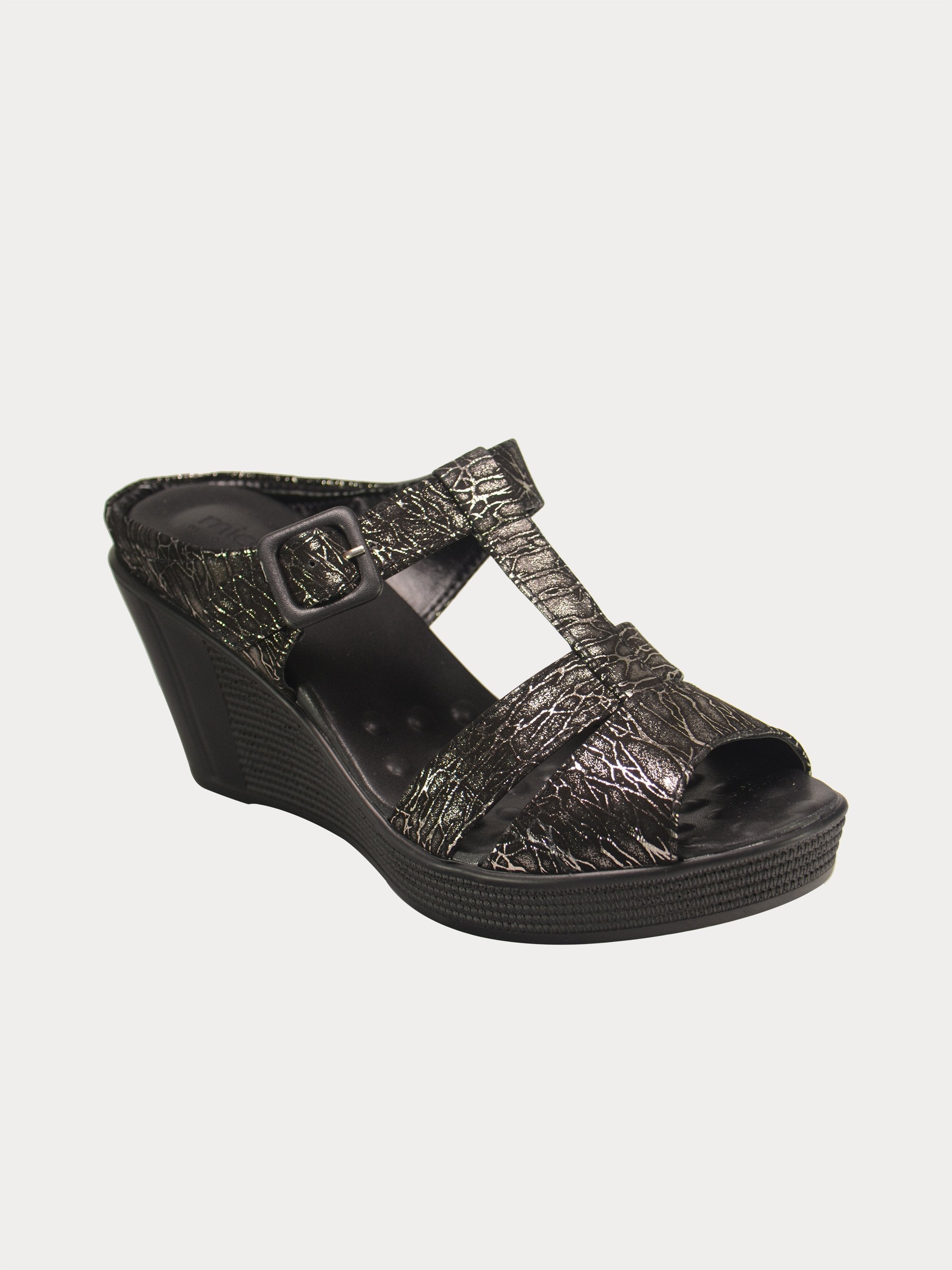 Michelle Morgan 190021 Leather Wedged Sandals #color_Black