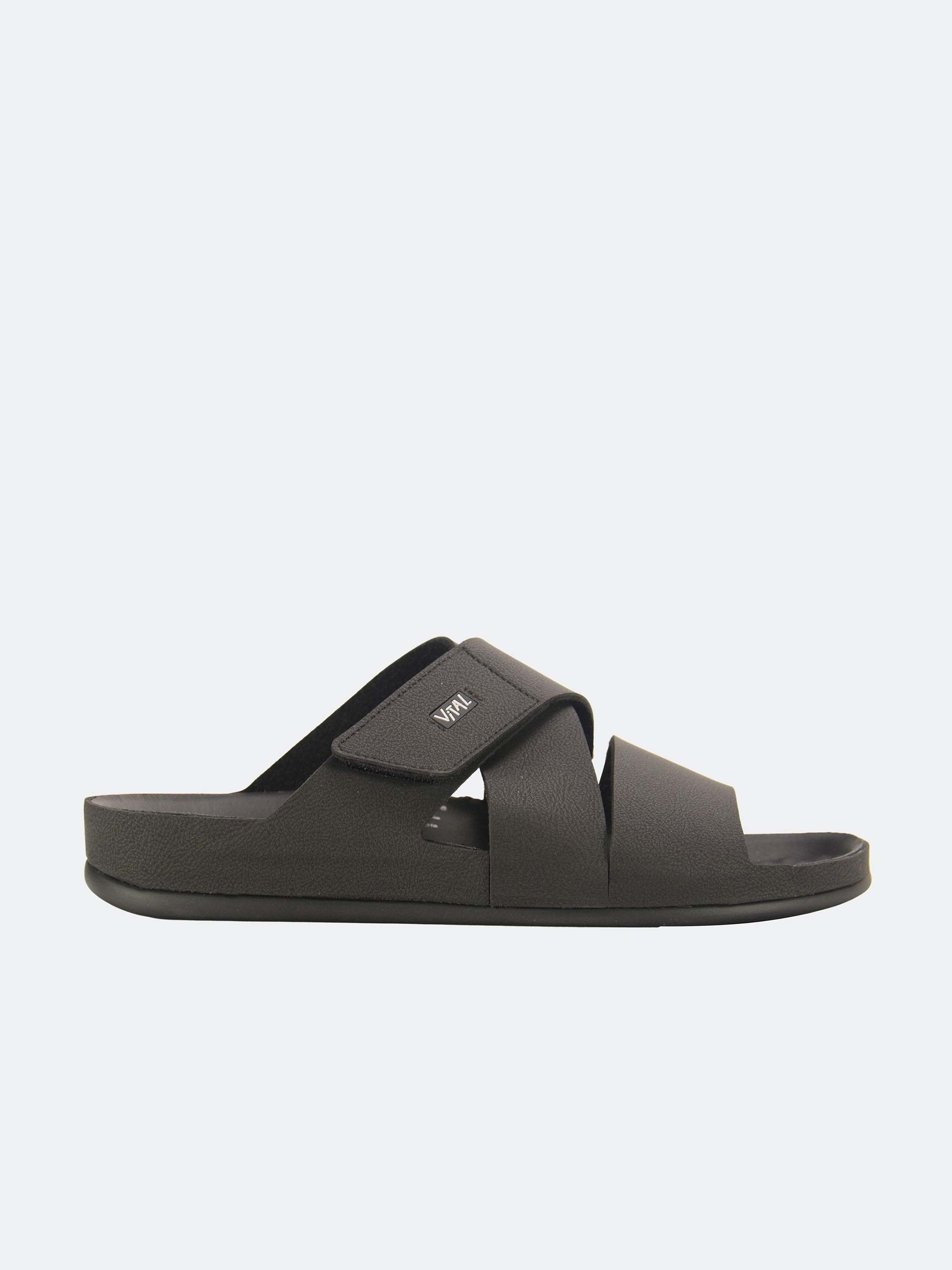 Vital Men's Cross Strap Leather Sandals #color_Black