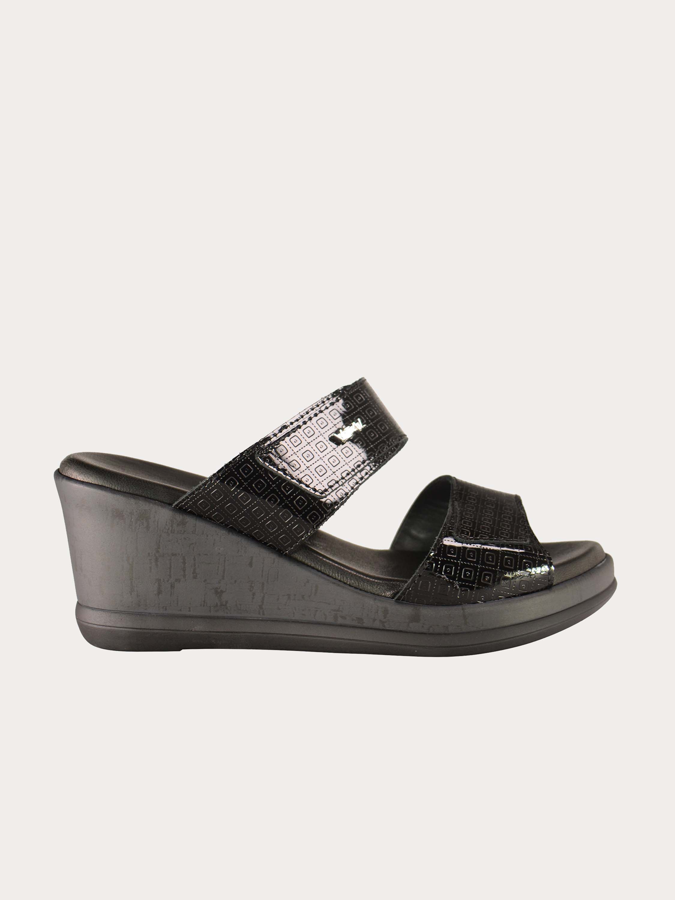 Vital Square Detail Wedge Leather Sandals #color_Black