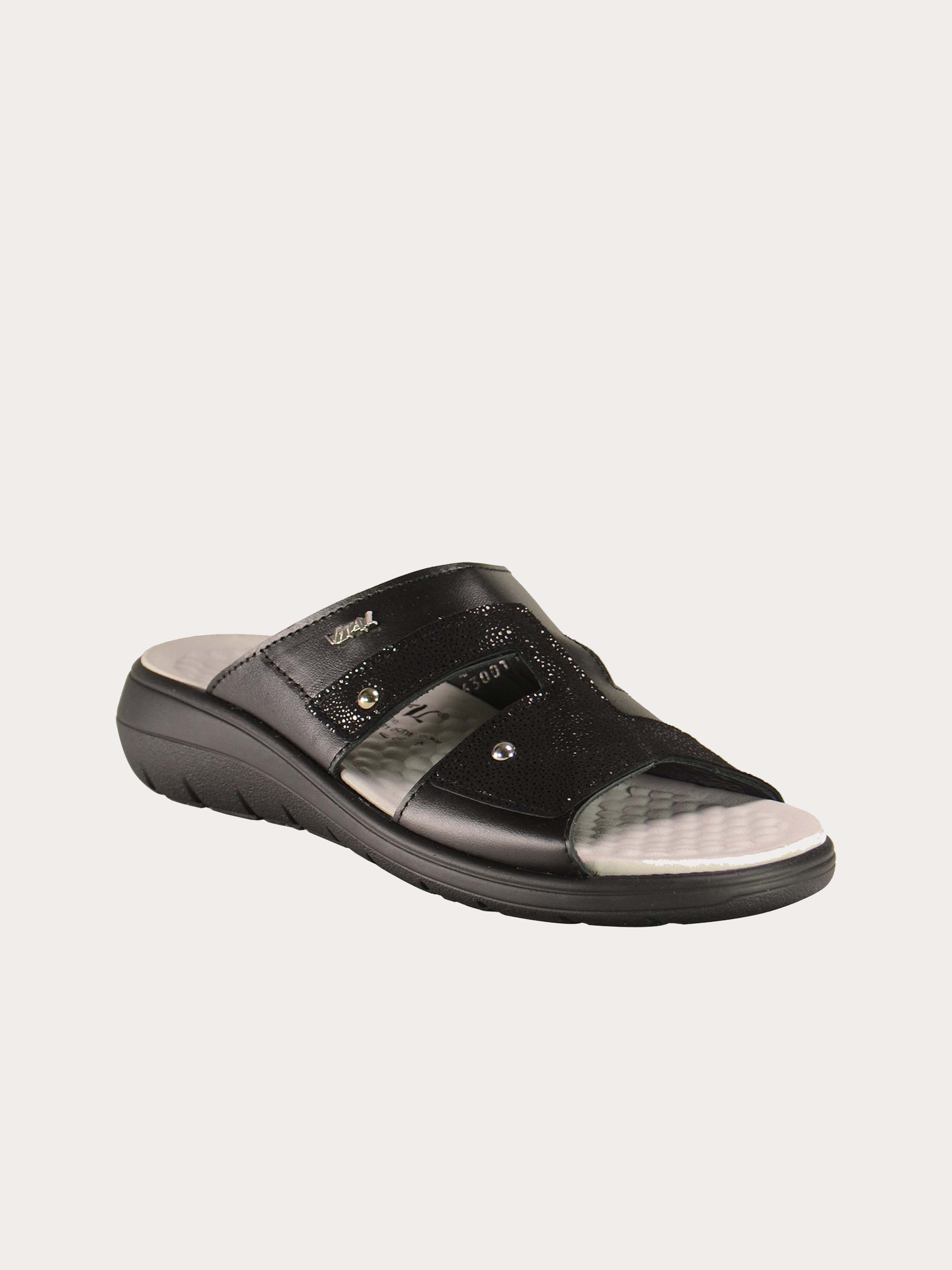 Vital Women's Black Slider Leather Sandals #color_Black