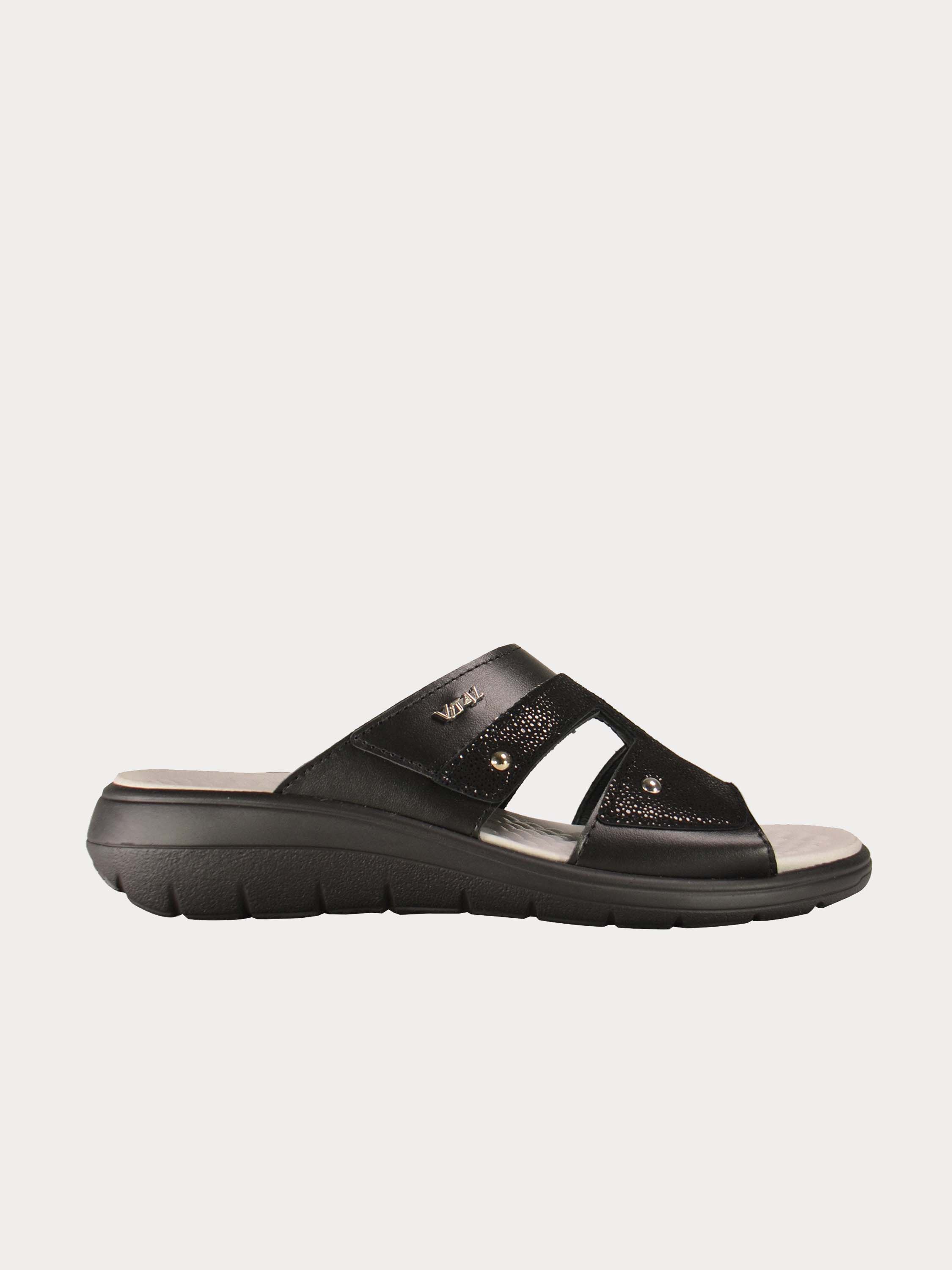 Vital Women's Black Slider Leather Sandals #color_Black