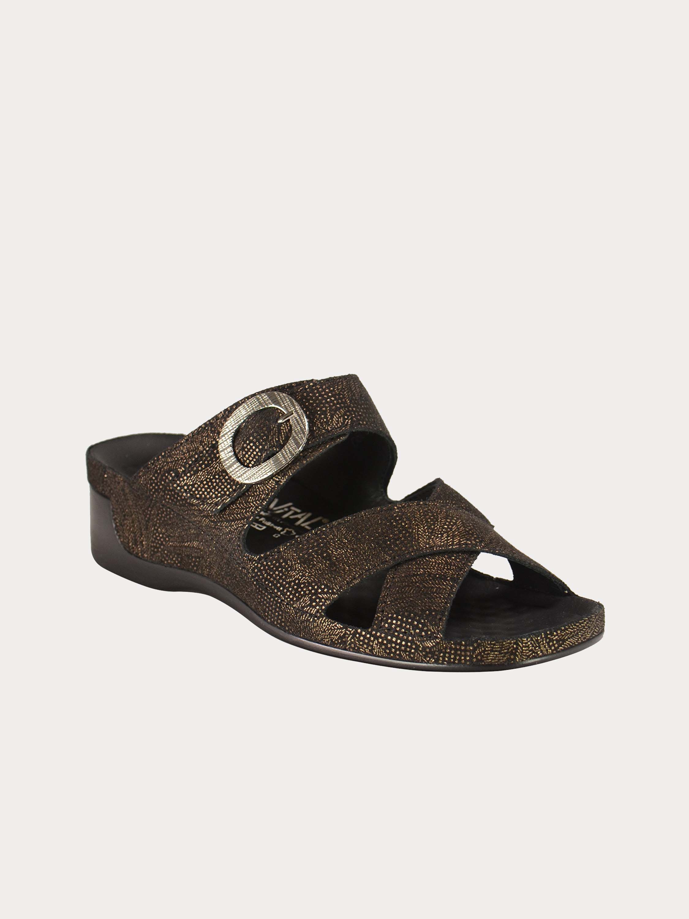 Vital Women's Buckle Strap Slider Leather Sandals #color_Brown