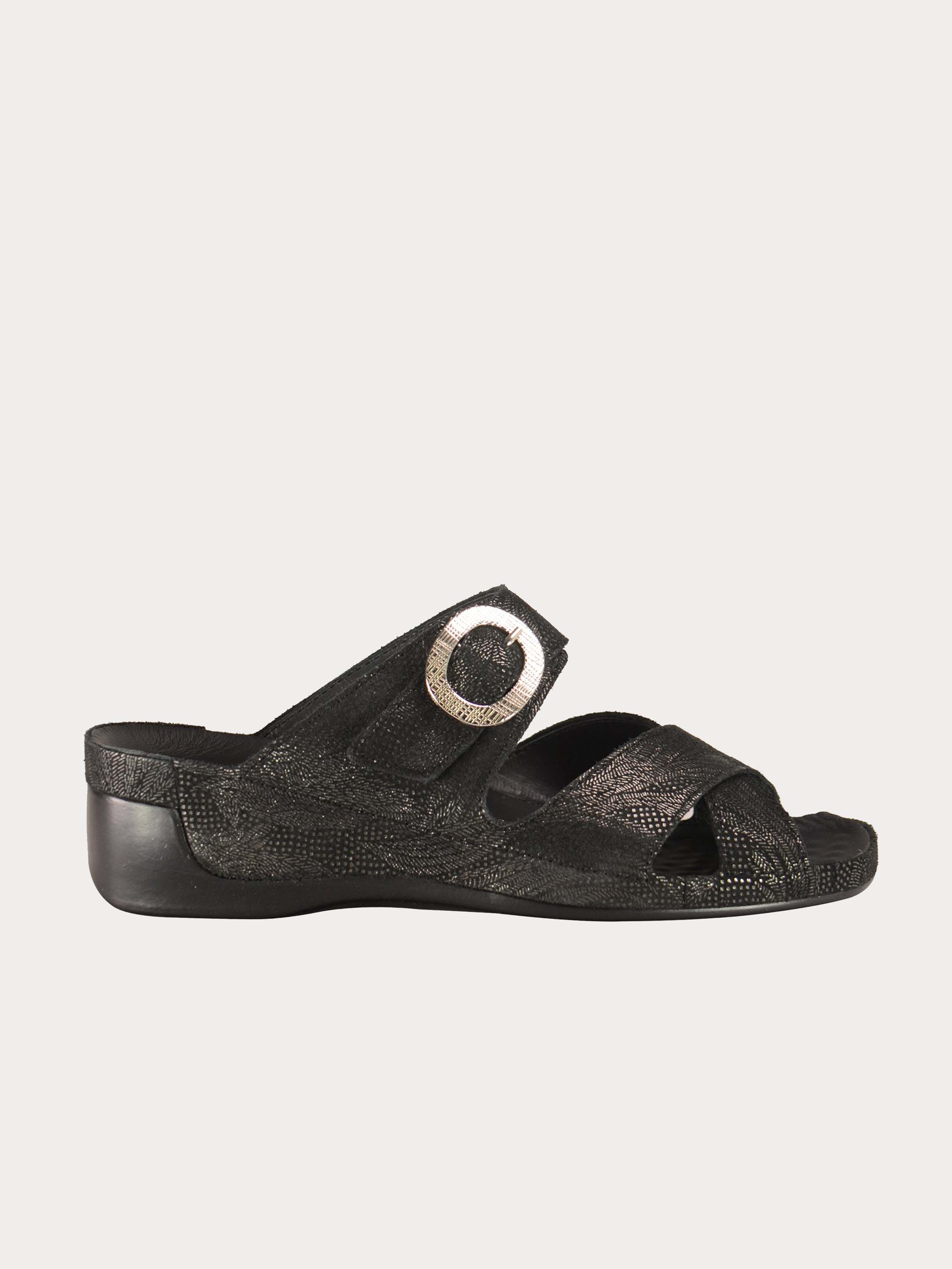 Vital Women's Buckle Strap Slider Leather Sandals #color_Black