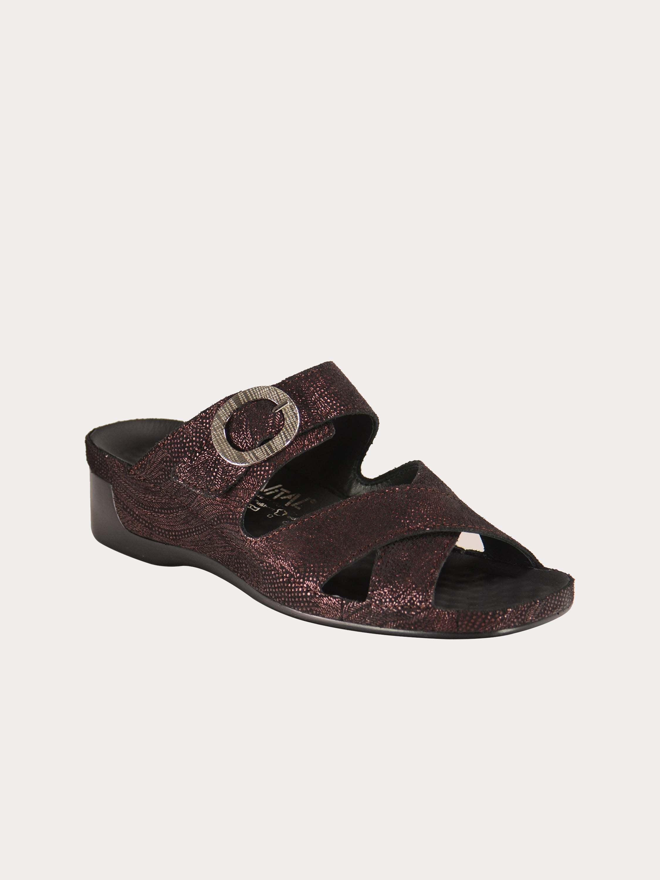 Vital Women's Buckle Strap Slider Leather Sandals #color_Maroon