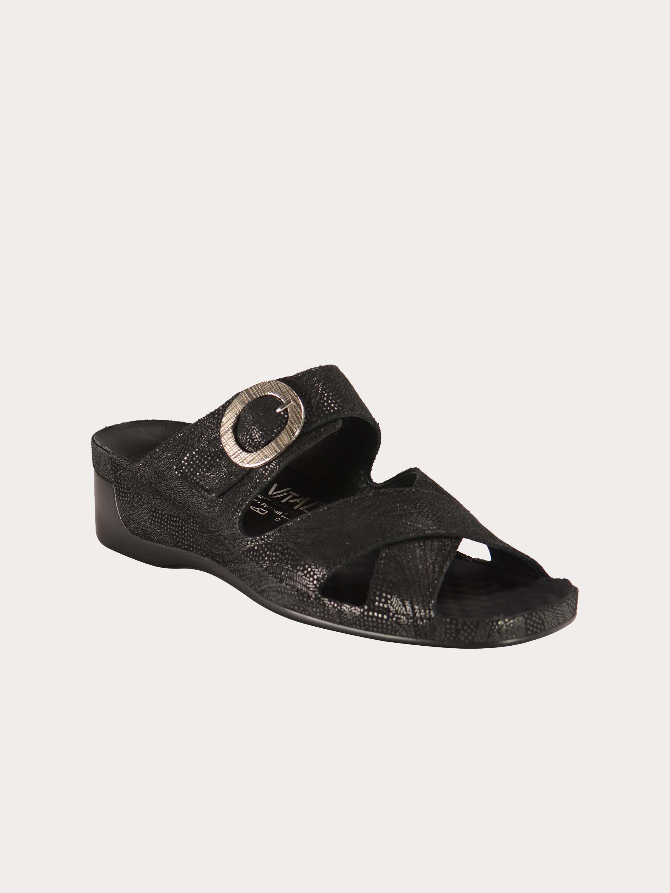 Vital Women's Buckle Strap Slider Leather Sandals #color_Black