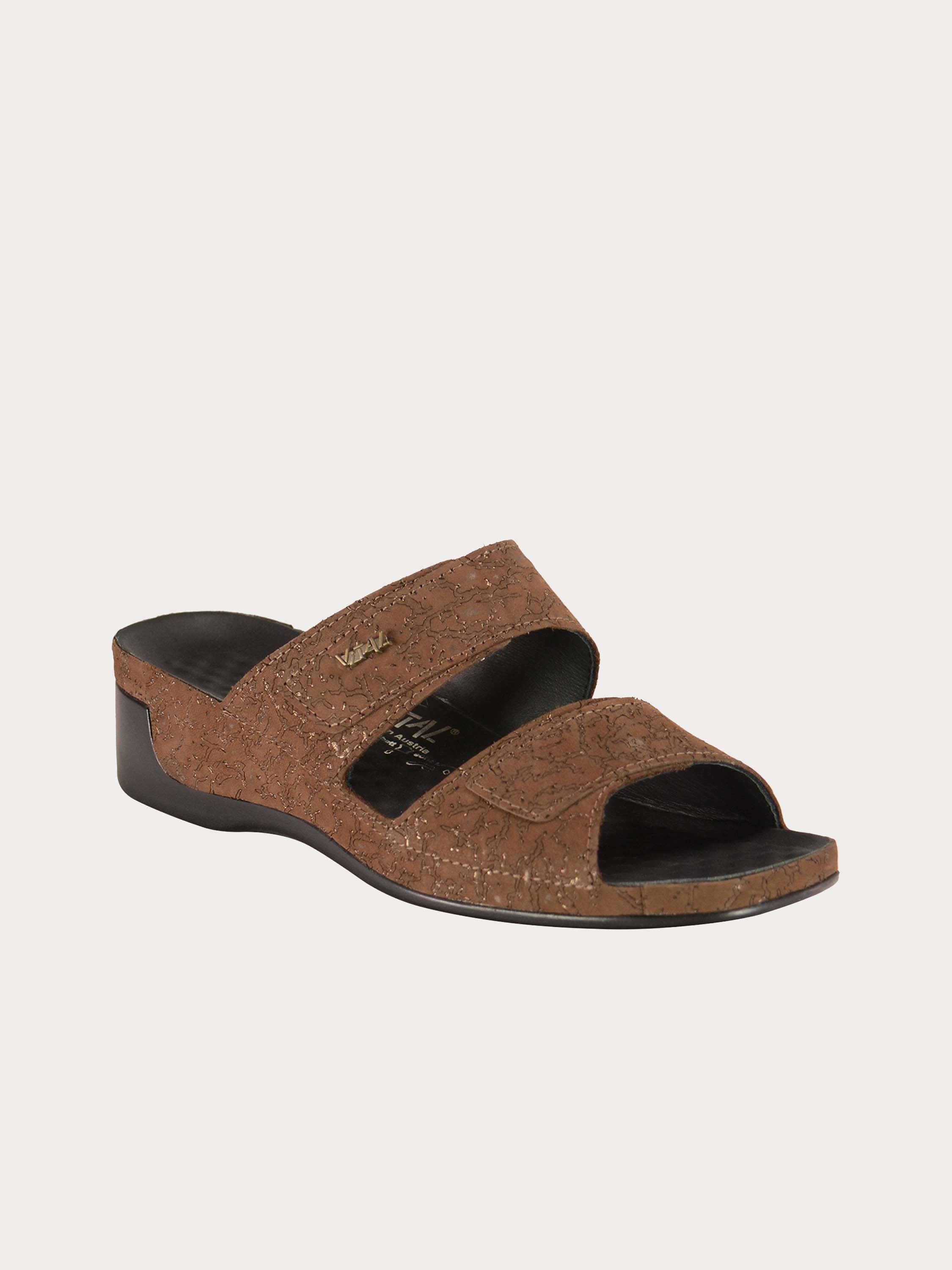 Vital Women's Double Strap Slider Leather Sandals #color_Brown