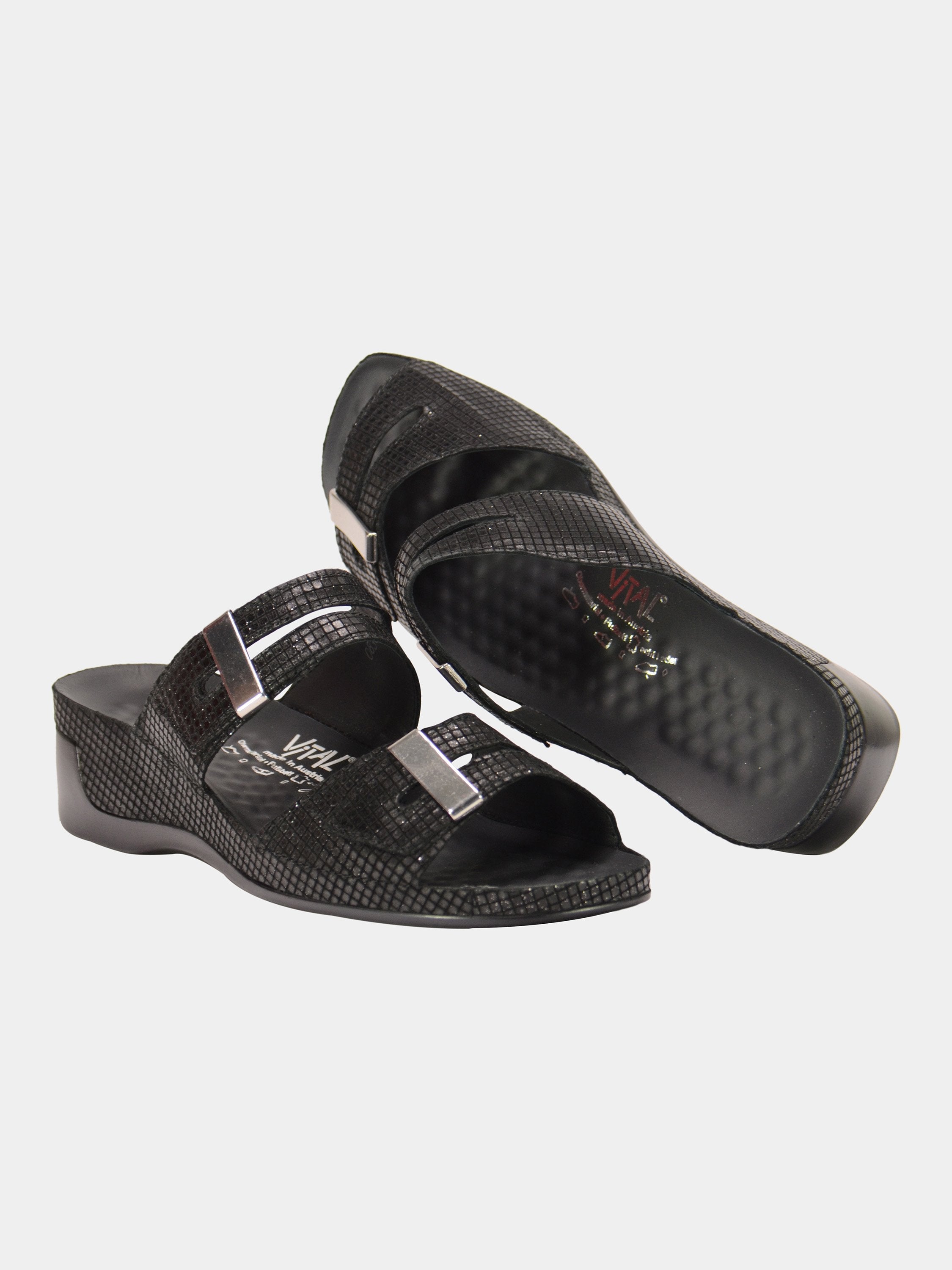 Vital Women's Grid Detailed Slider Leather Sandals #color_Black
