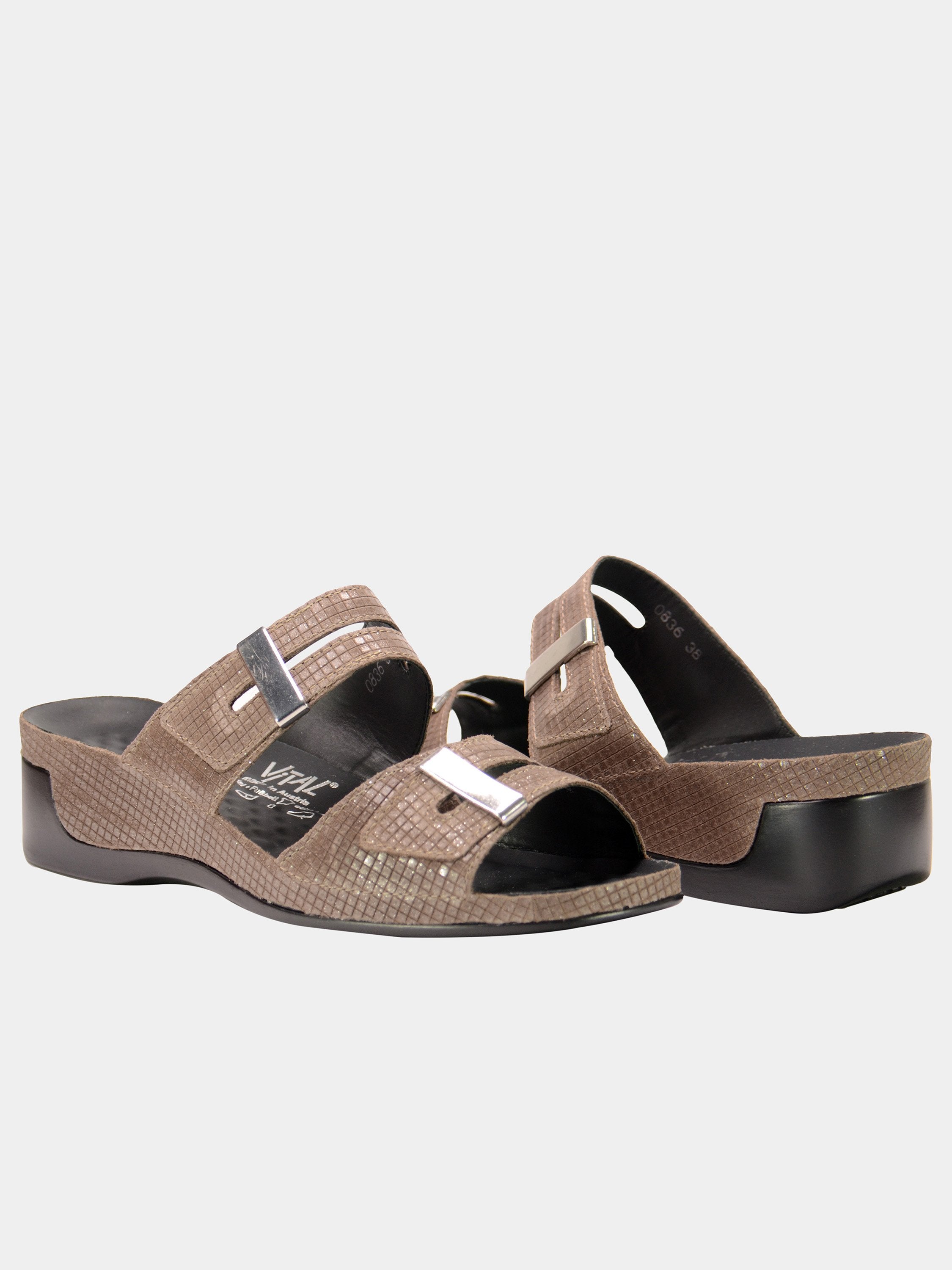 Vital Women's Grid Detailed Slider Leather Sandals #color_Gray
