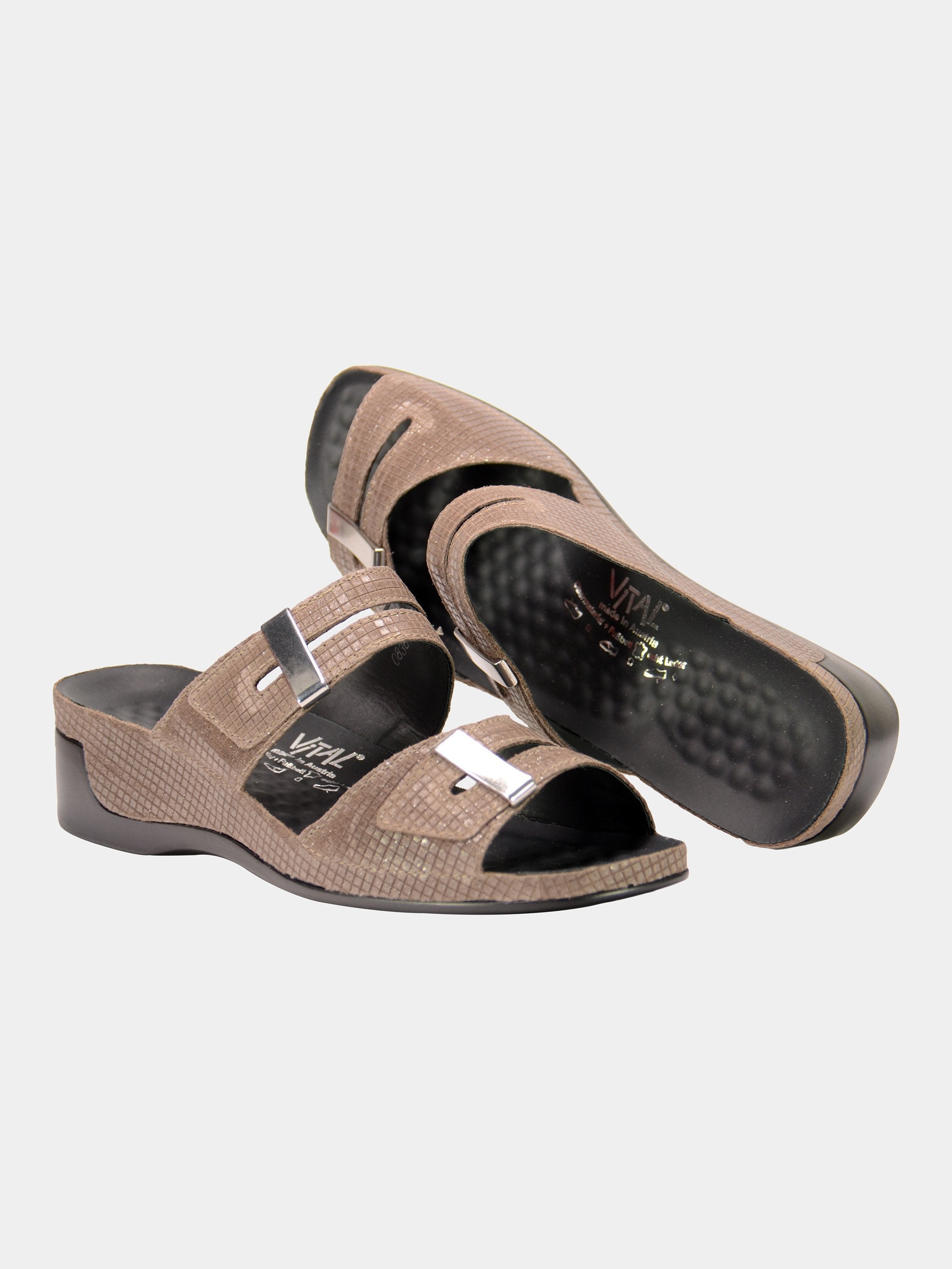 Vital Women's Grid Detailed Slider Leather Sandals #color_Grey