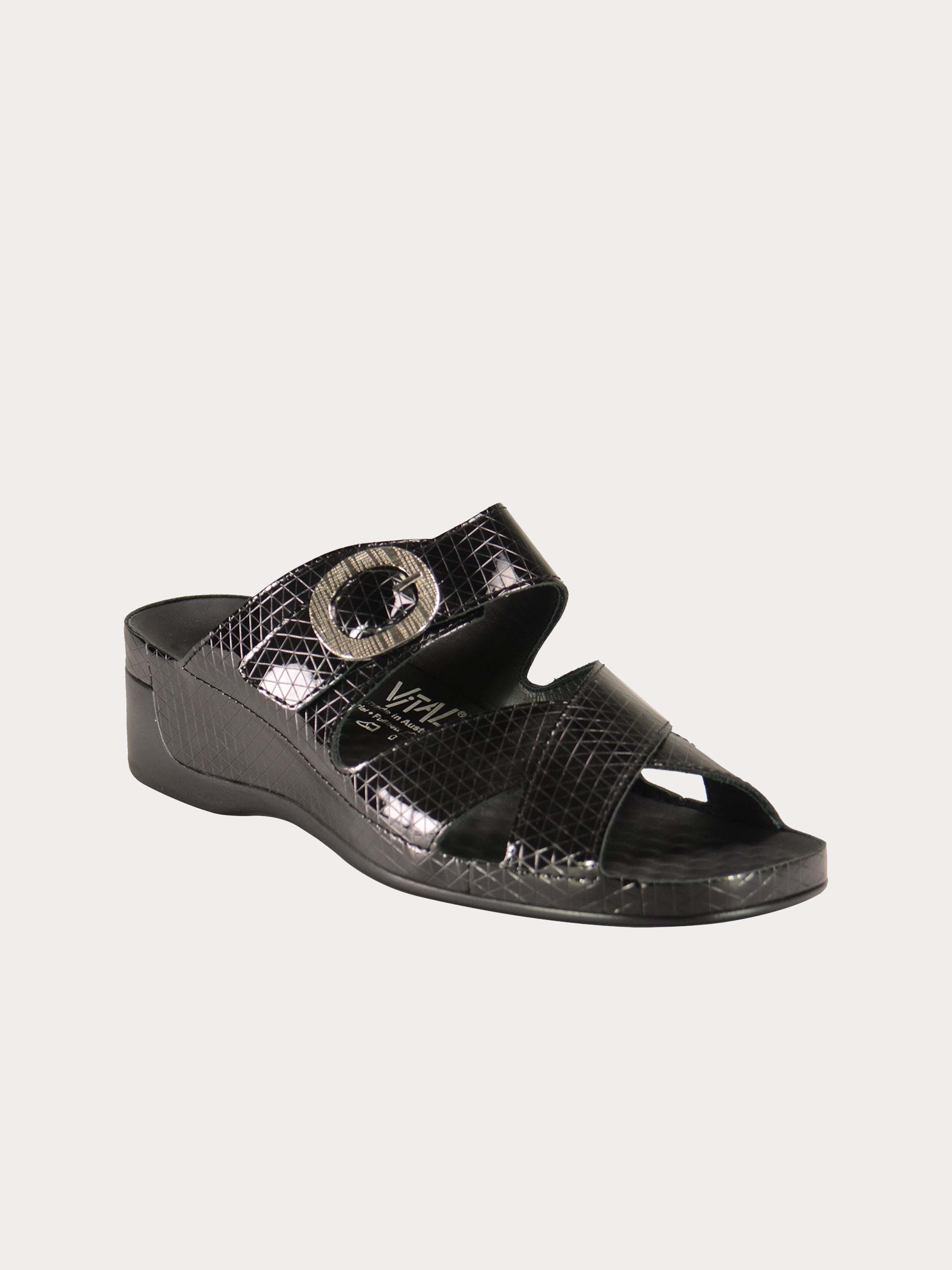 Vital Women's Round Buckle Strap Sandals #color_Black
