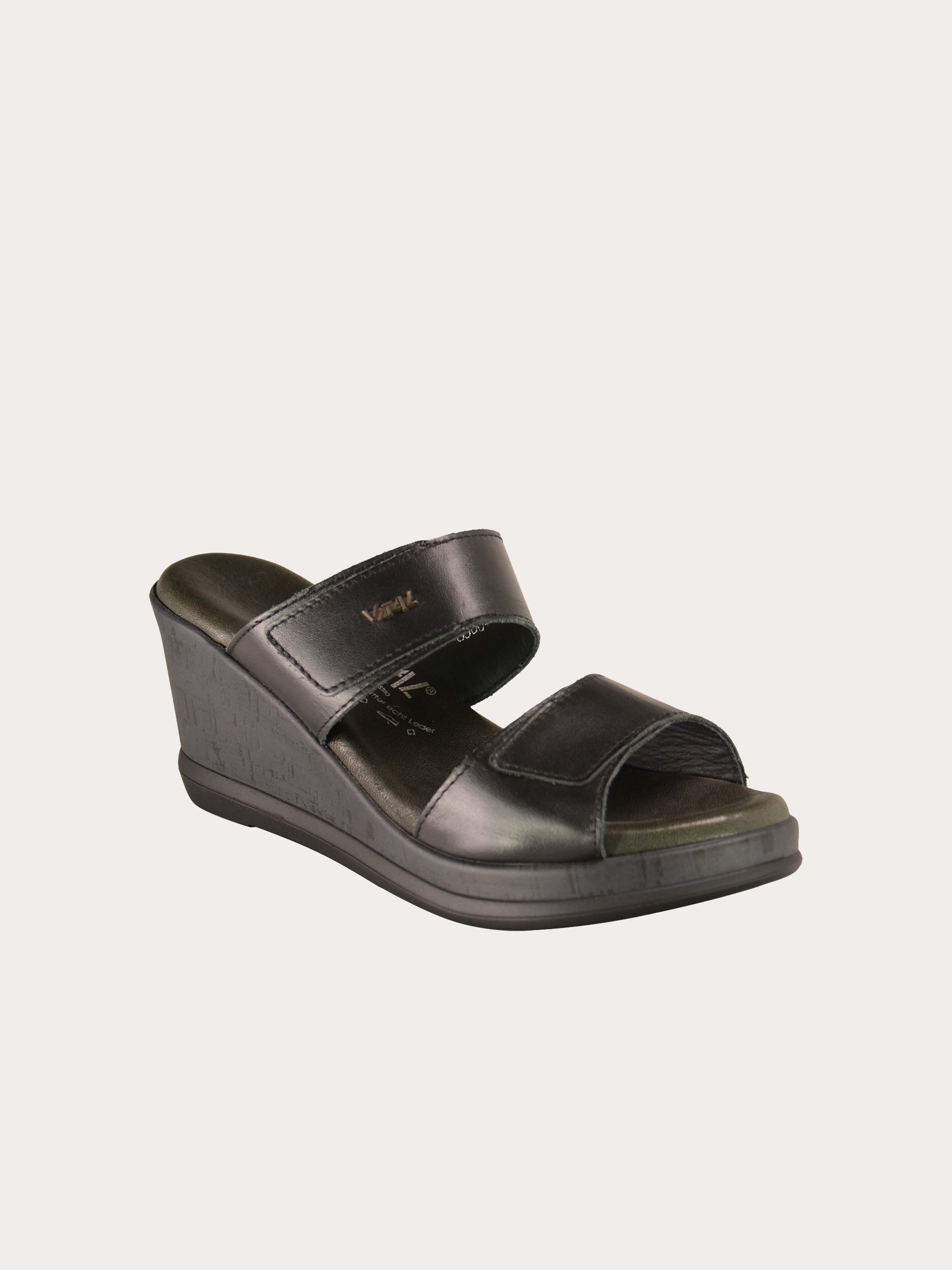 Vital Women's Wedge Strap Leather Sandals #color_Black