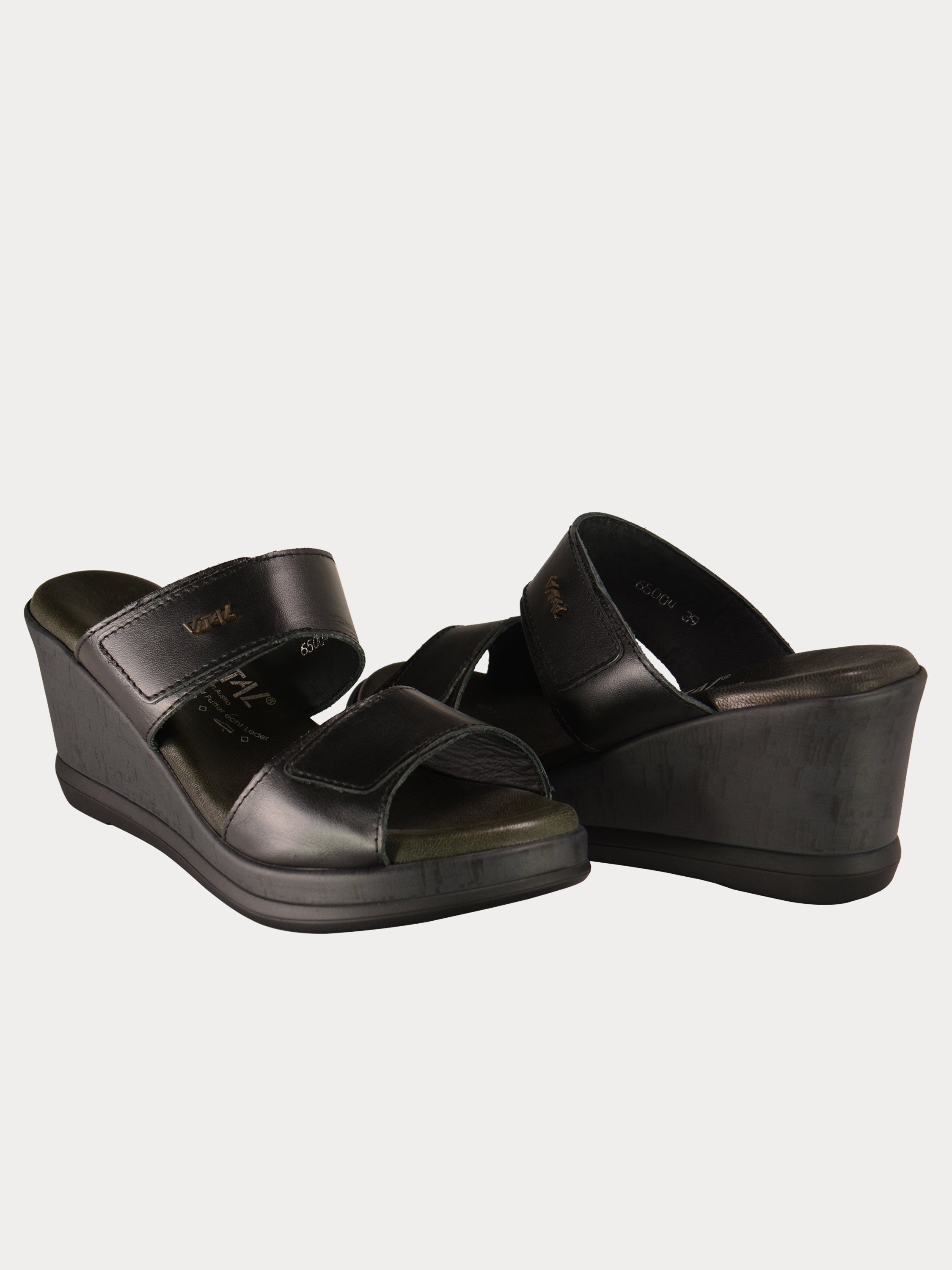 Vital Women's Wedge Strap Leather Sandals #color_Black