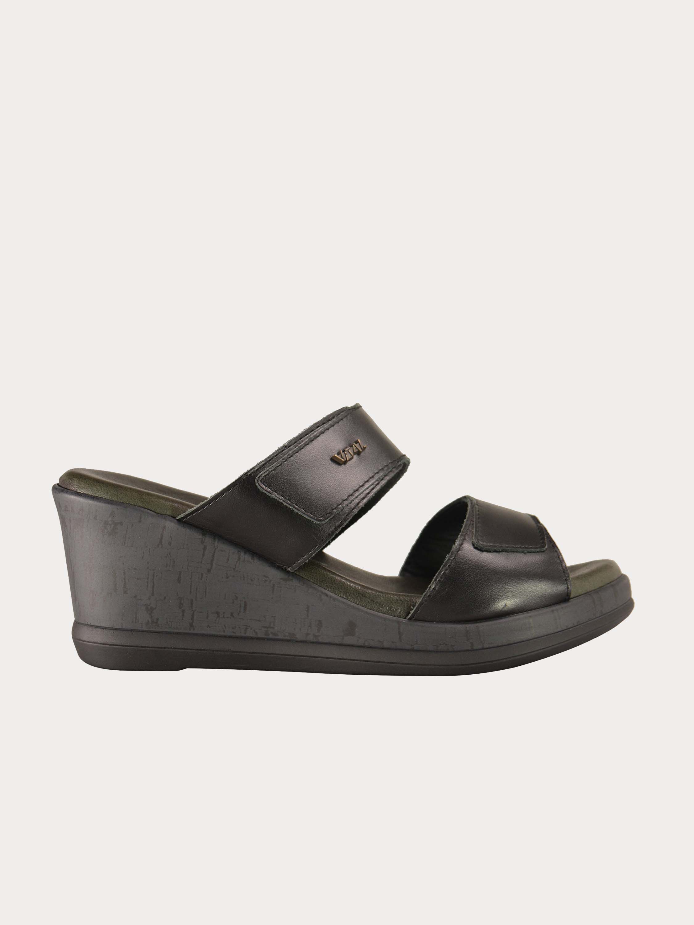 Vital Women's Wedge Strap Leather Sandals #color_Black