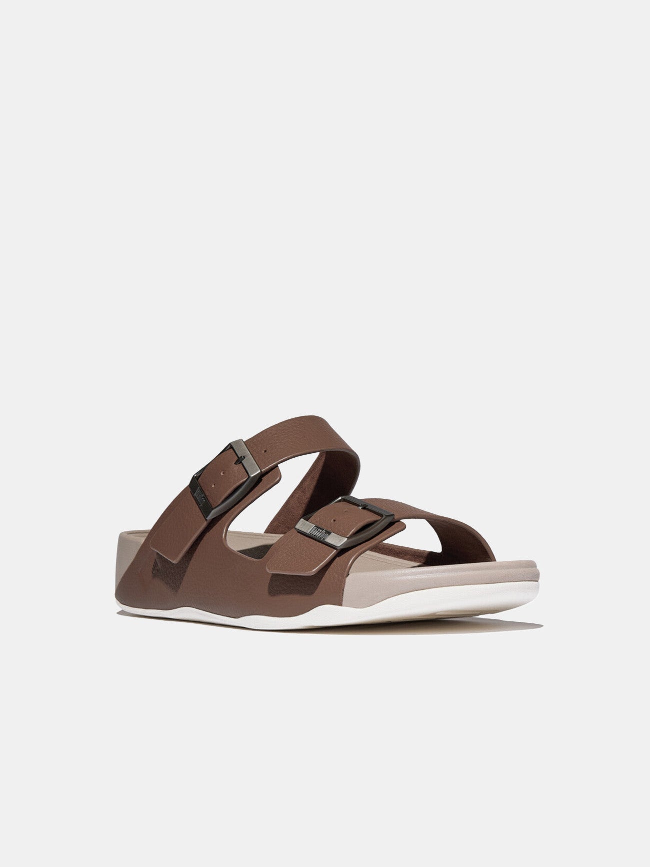 Fitflop Gogh Moc Mens Buckle Tumbled-Leather Slides #color_Mocha Brown